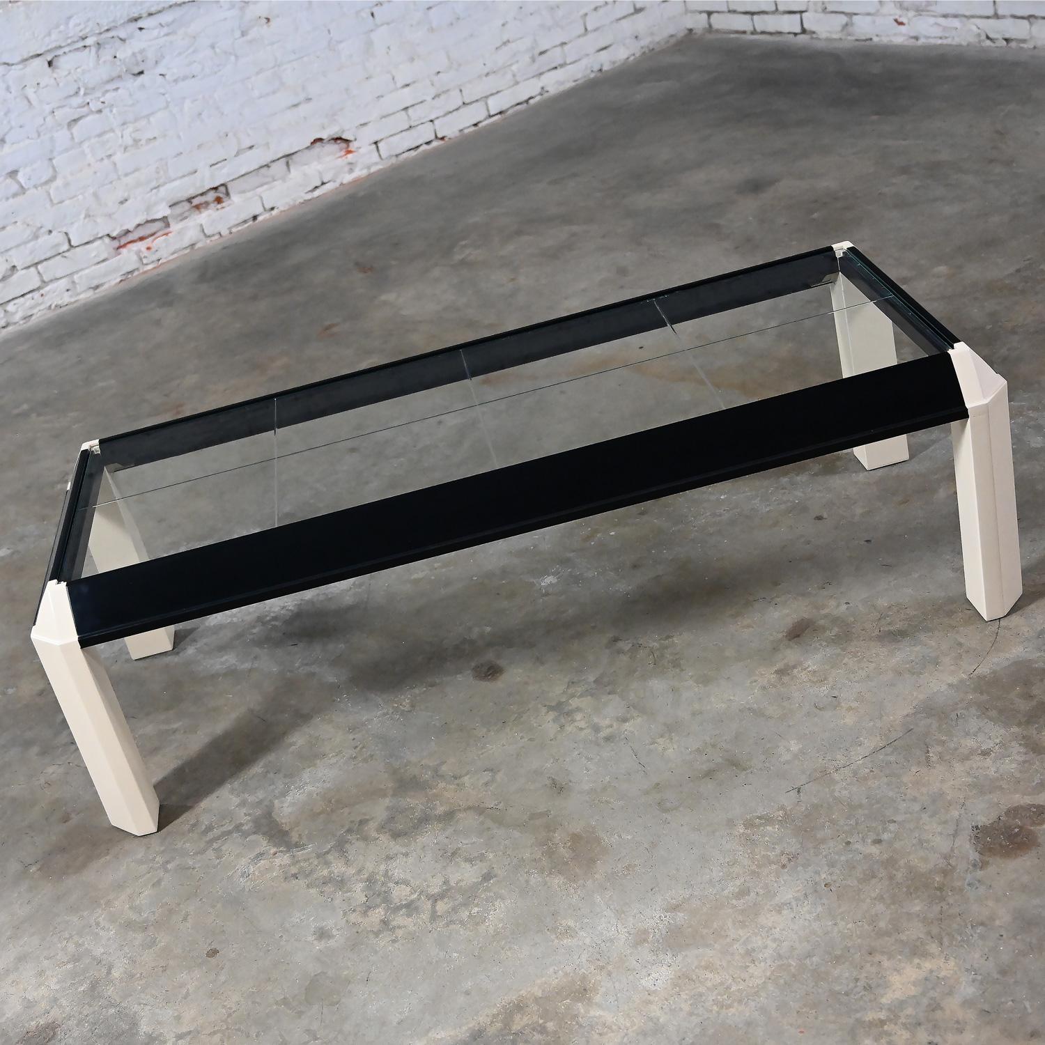 20th Century Postmodern Coffee Table Black Painted Frame Off White Trapezoid Legs Glass Top For Sale