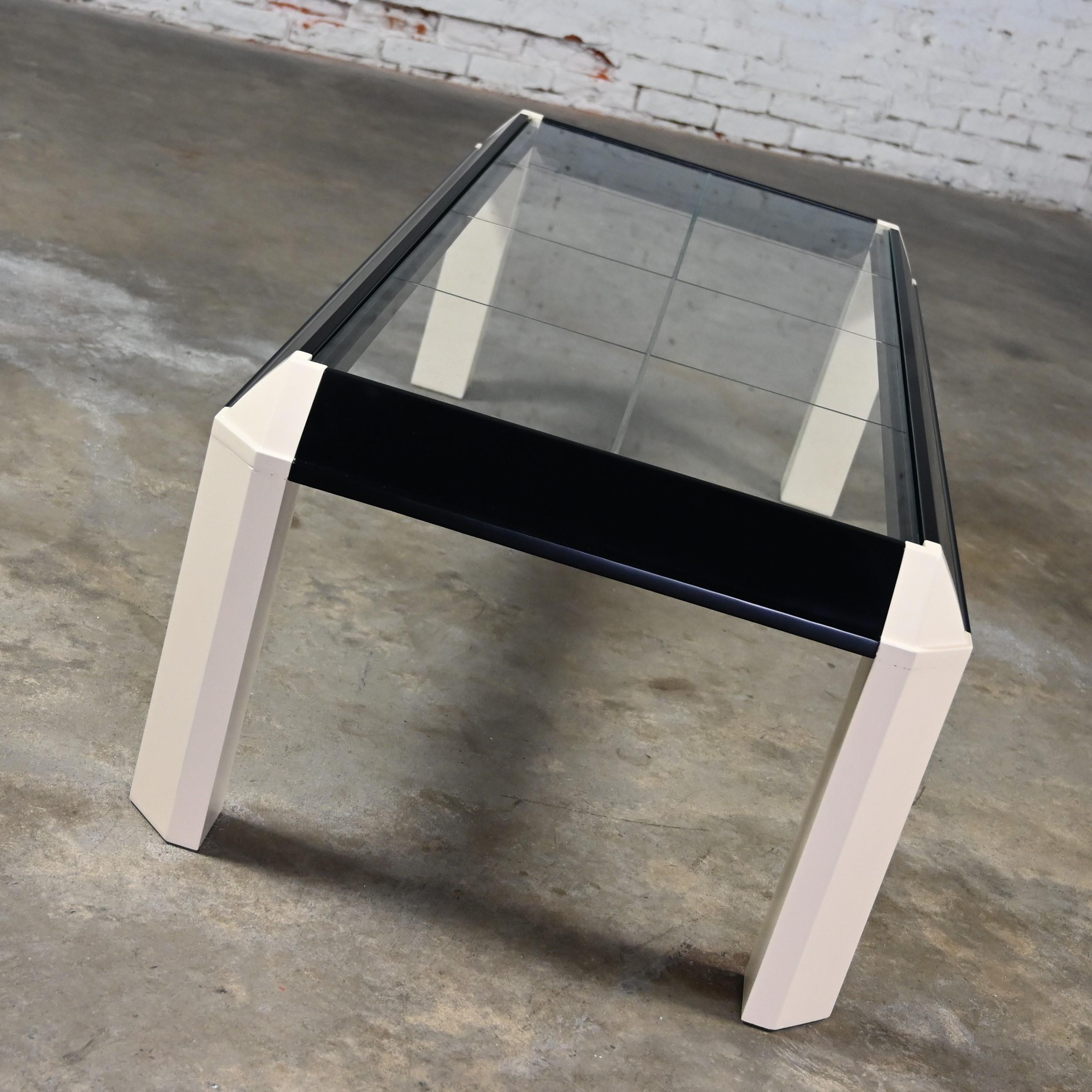 Postmodern Coffee Table Black Painted Frame Off White Trapezoid Legs Glass Top For Sale 1