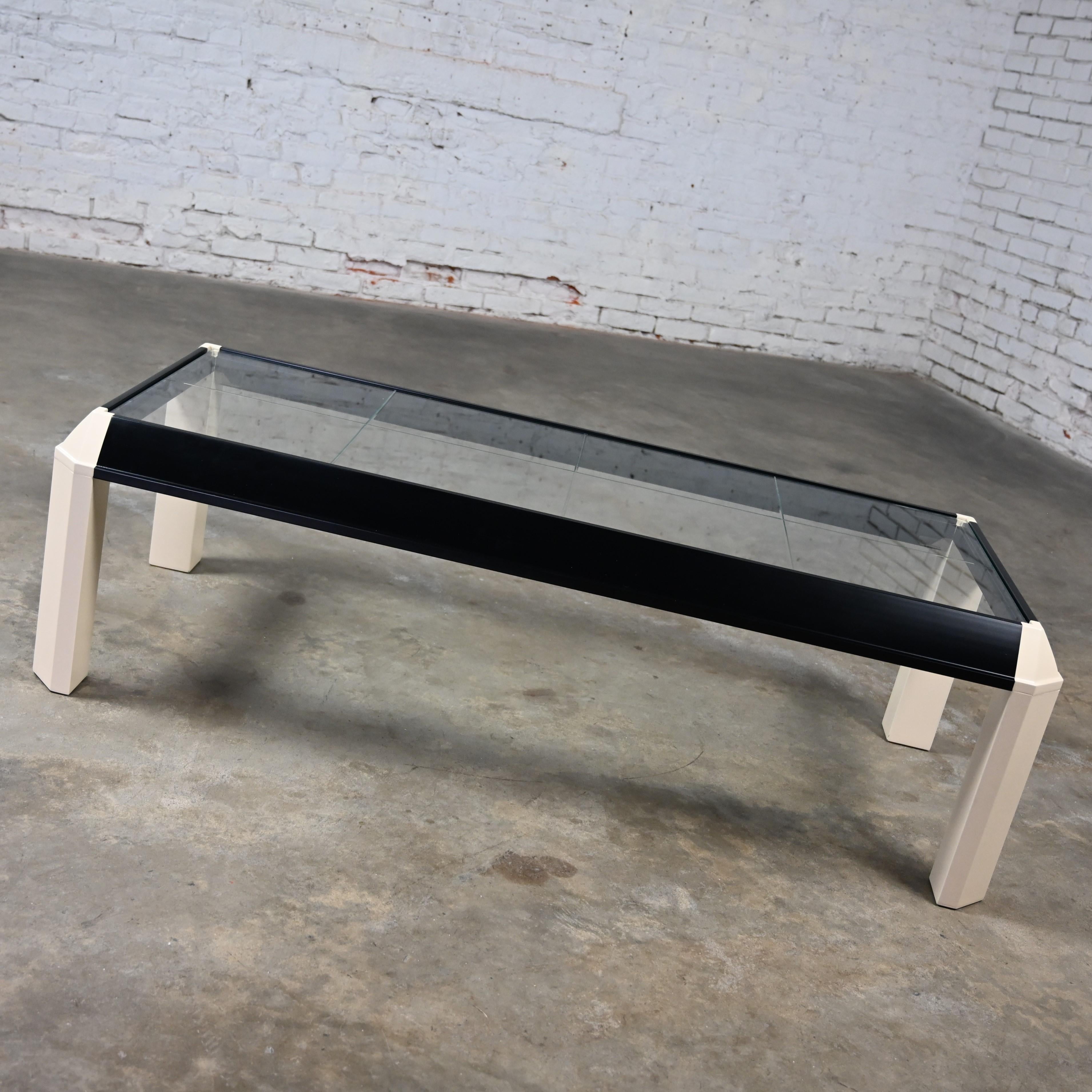 Postmodern Coffee Table Black Painted Frame Off White Trapezoid Legs Glass Top For Sale 2