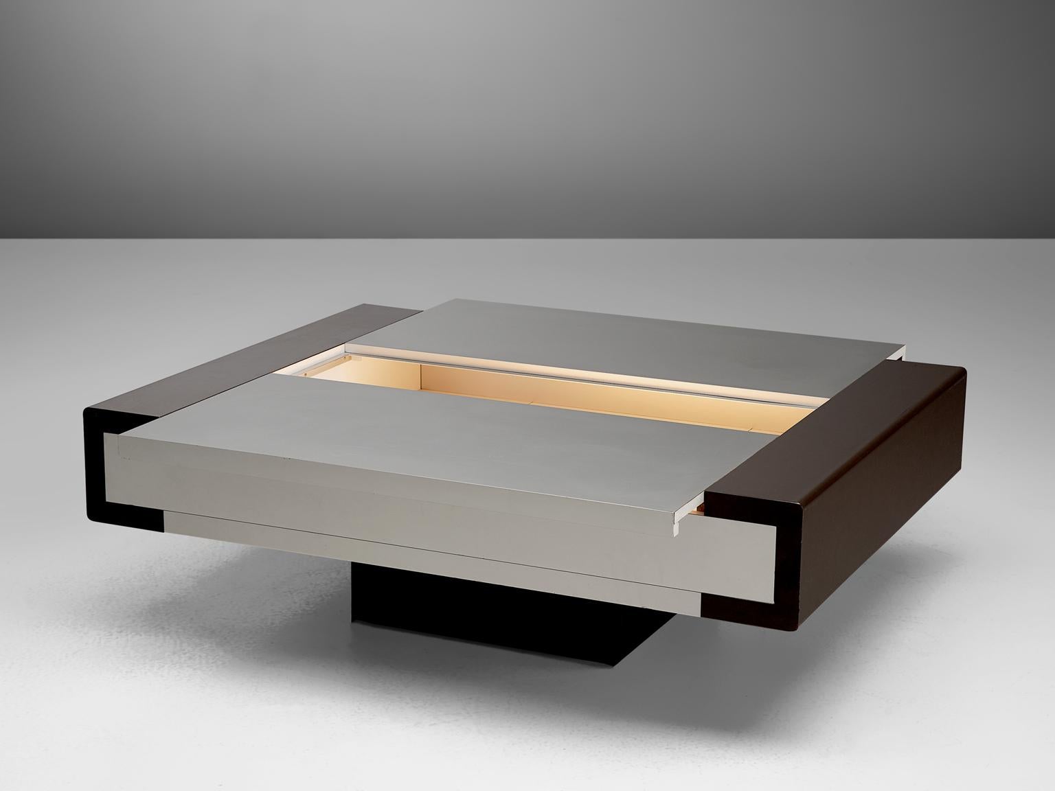 European Postmodern Coffee Table in Brushed Aluminium with Storage