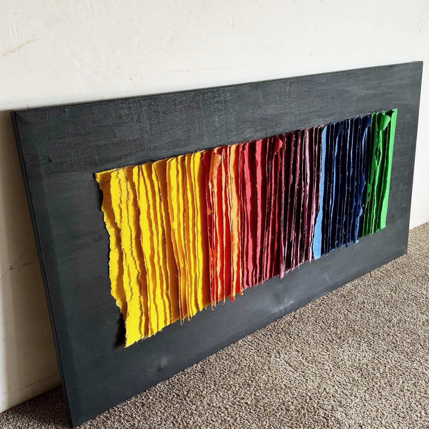 The Postmodern Colored Paper Wall Art on Painted Black Canvas is an expressive and vibrant addition to any modern decor. Its dynamic colored paper composition on a black canvas embodies the eclectic nature of postmodern design, perfect for a