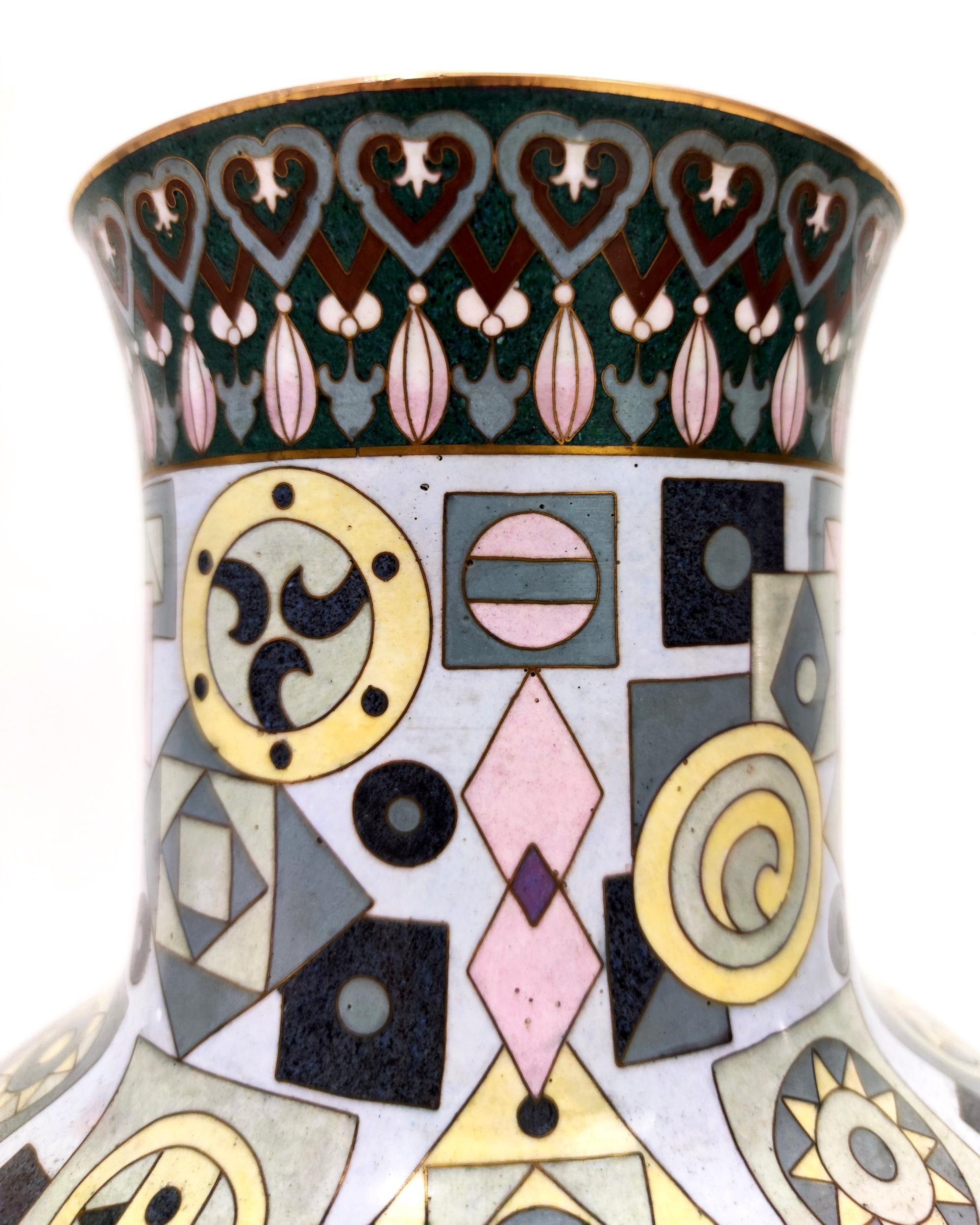 Postmodern Colorful Chinese Jingfa Cloisonné Vase with Brass Base For Sale 1