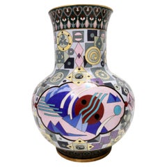 Postmodern Colorful Chinese Jingfa Cloisonné Vase with Brass Base
