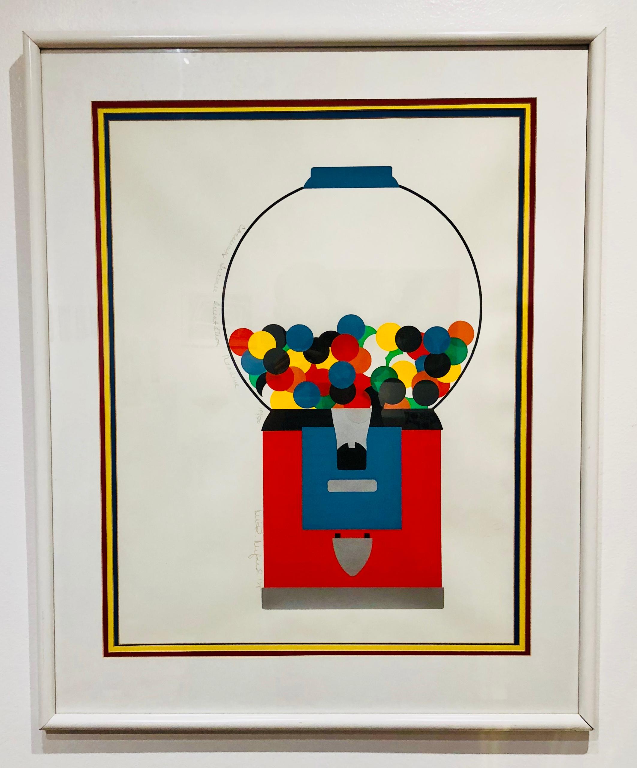 Cool and colorful gumball machine serigraph, signed and dated by Lee R Lerfald 189/500, from 1975, nicely framed and very clean condition.