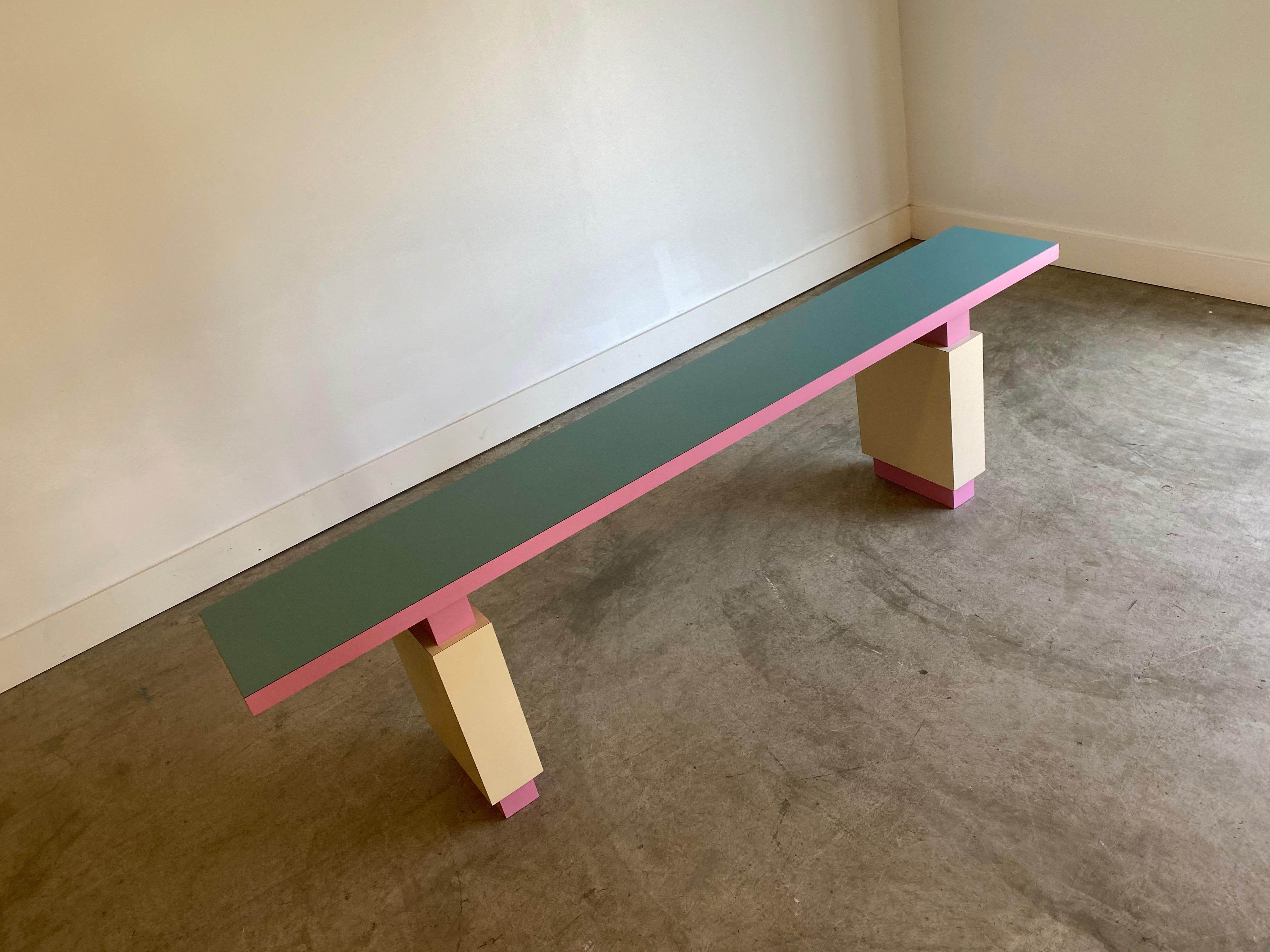 Designer: Unknown- custom made/special order from the 1980s.
Manufacture: unknown
Period/style: Postmodern
Country: US Date: 1980s

This is part of a 5 piece living room ensemble that consists of 2 sofas, a sofa console table, and 2 coffee
