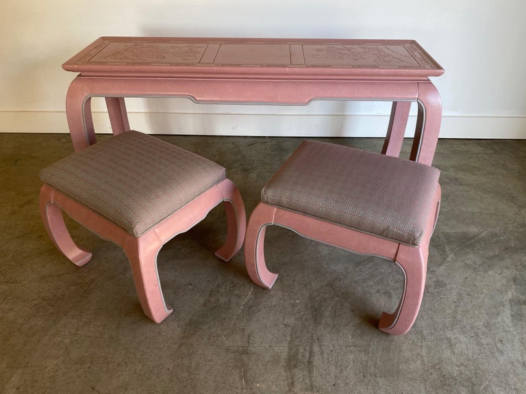 20th Century Postmodern Console Table and Stools Ottomans For Sale