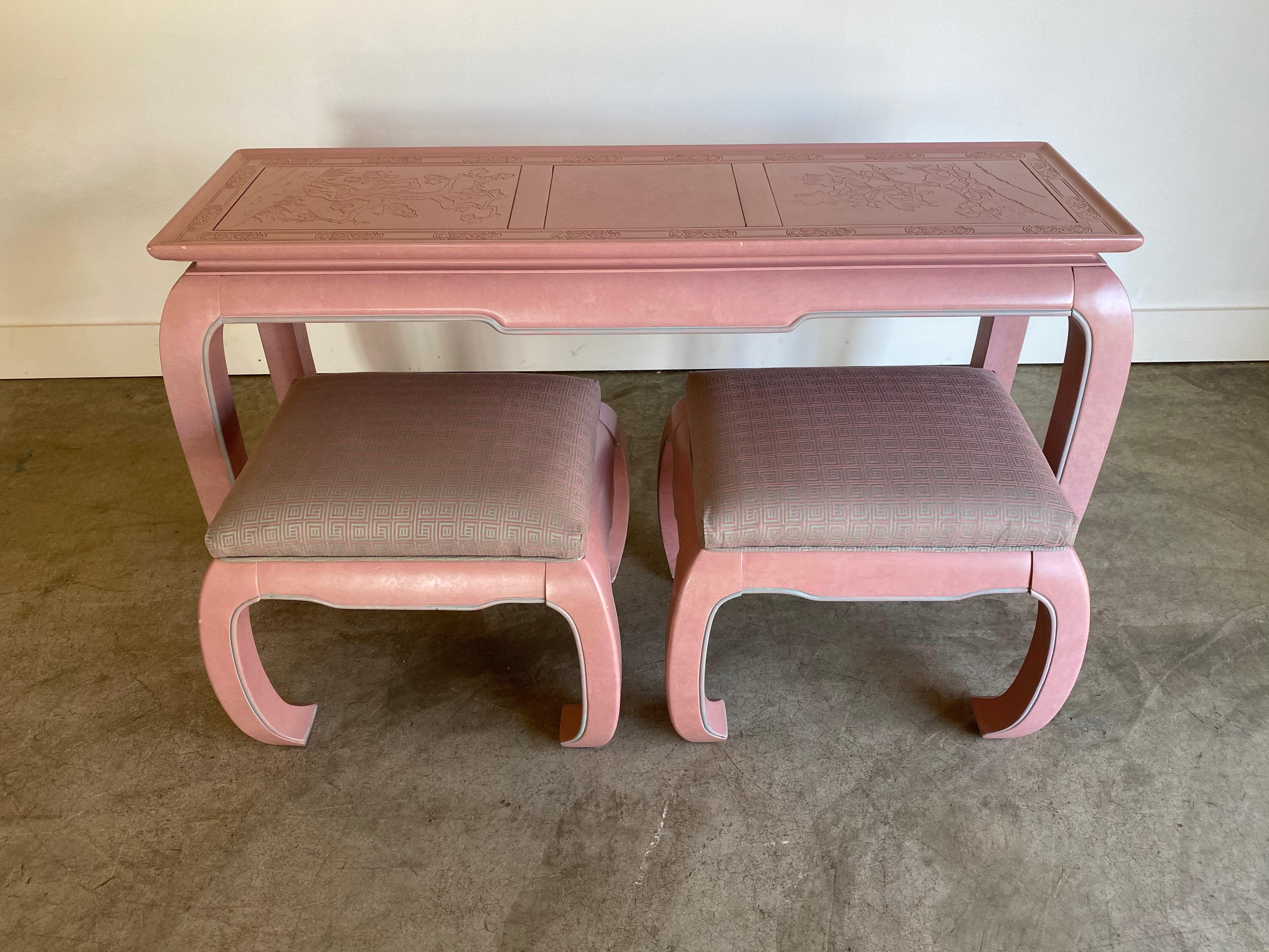 20th Century Postmodern Console Table and Stools Ottomans