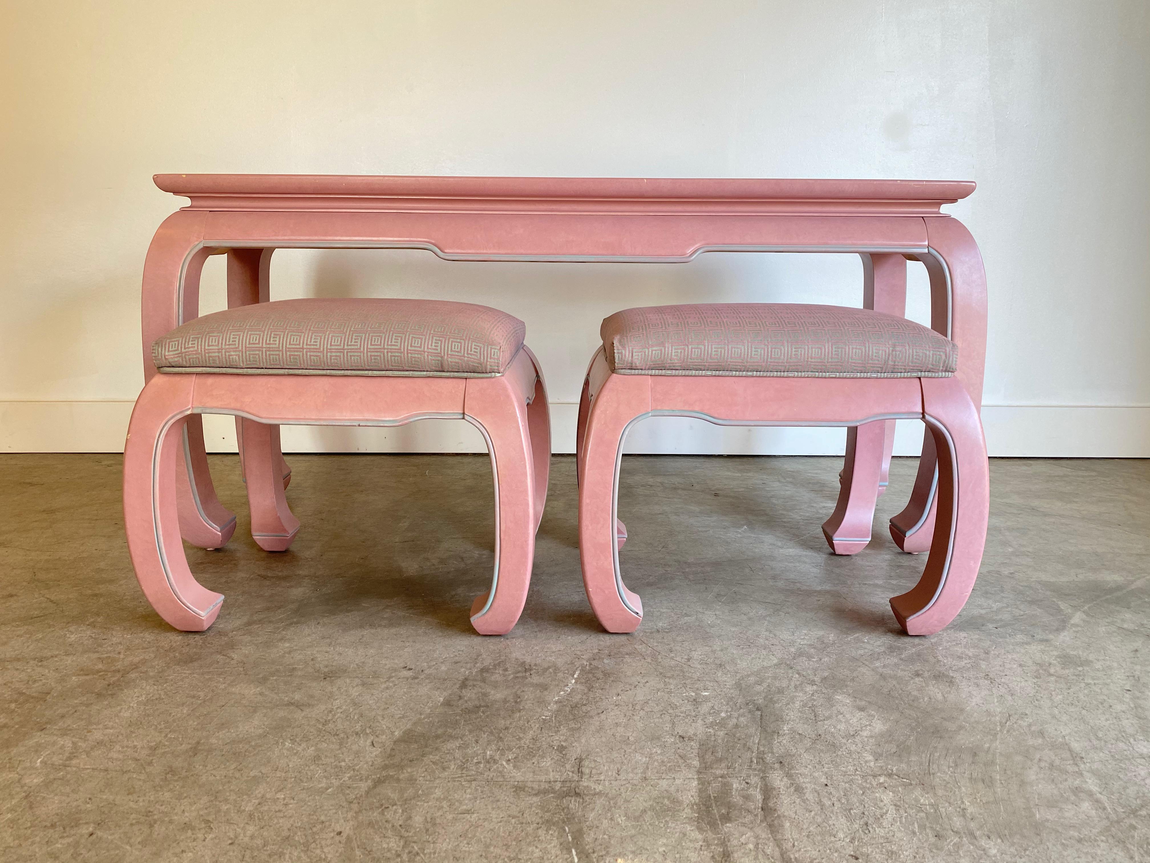 Wood Postmodern Console Table and Stools Ottomans