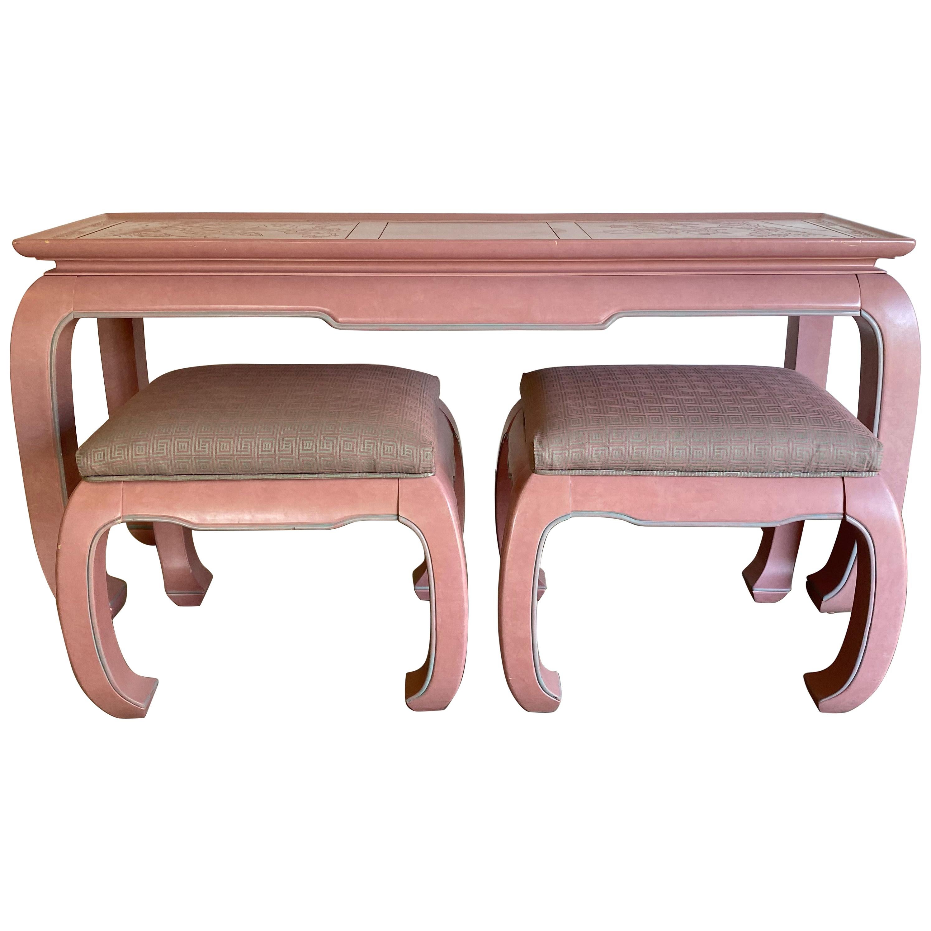 Postmodern Console Table and Stools Ottomans