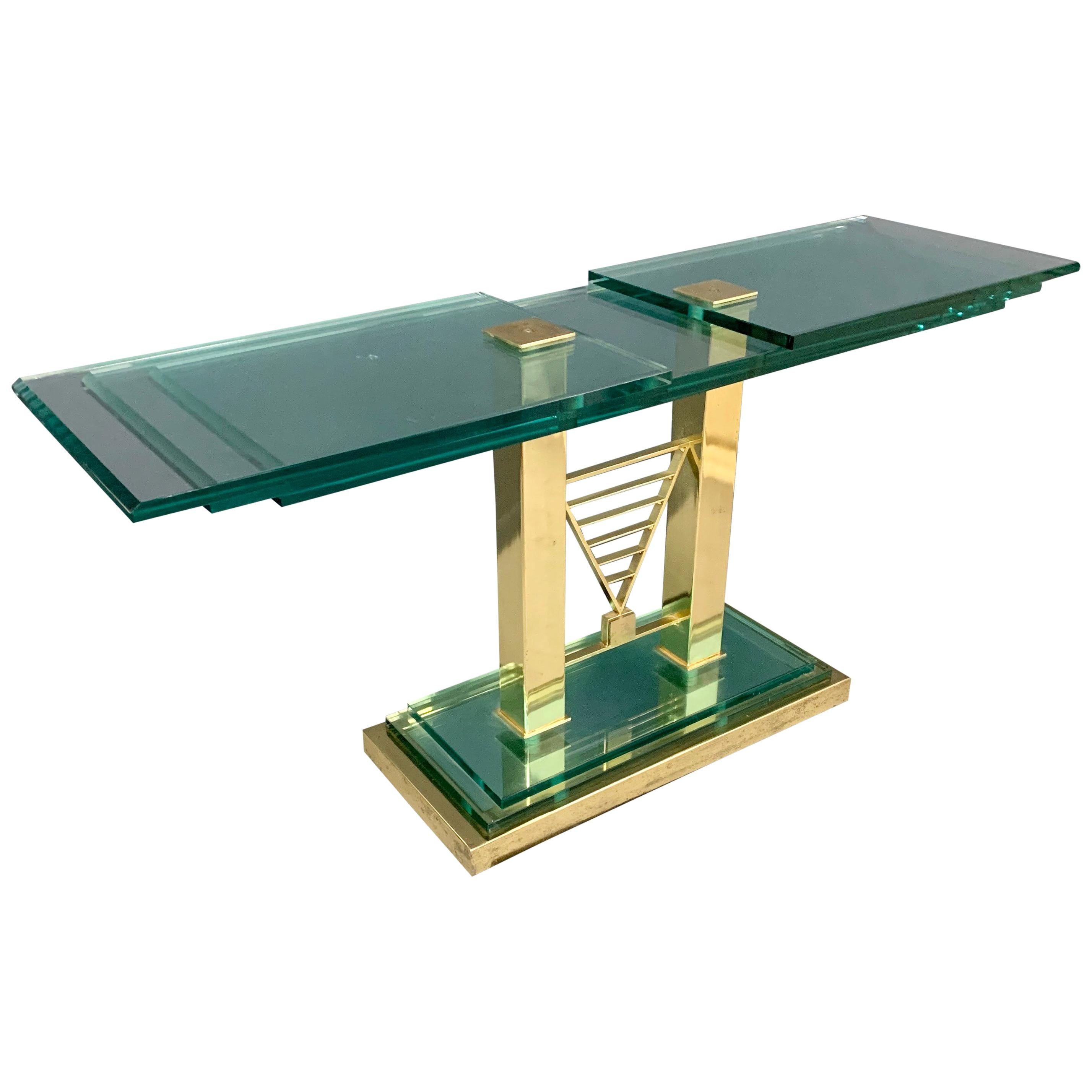 Style of Fontana Arte 1990s Postmodern Console Table in Glass and Brass 