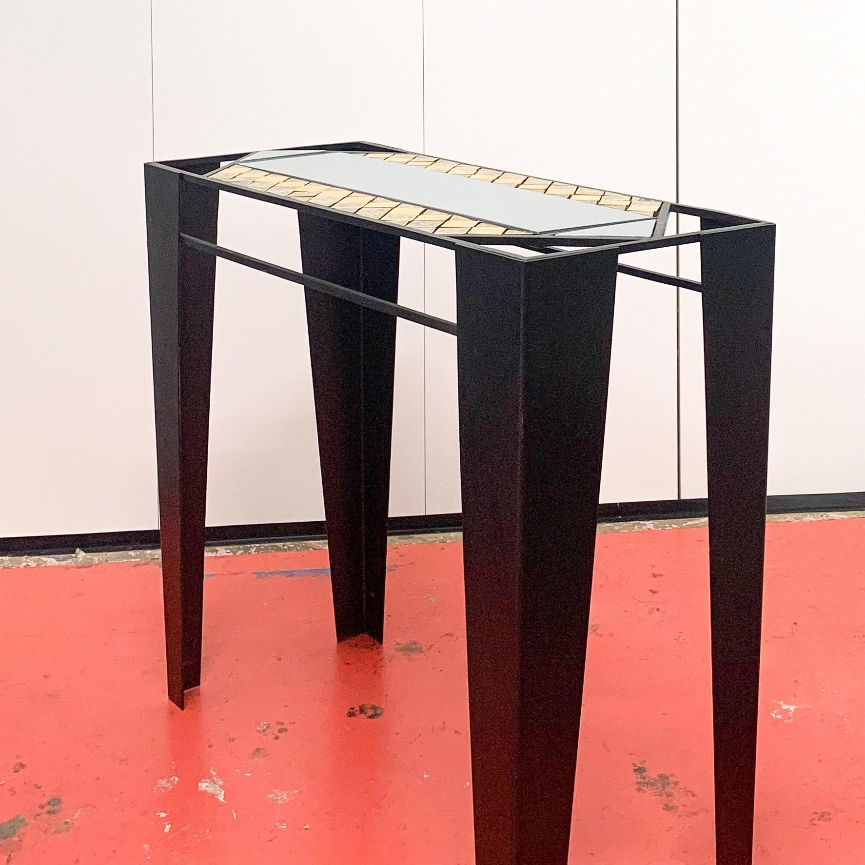 Postmodern console table in iron with glass & tiled top - British, c1990s.