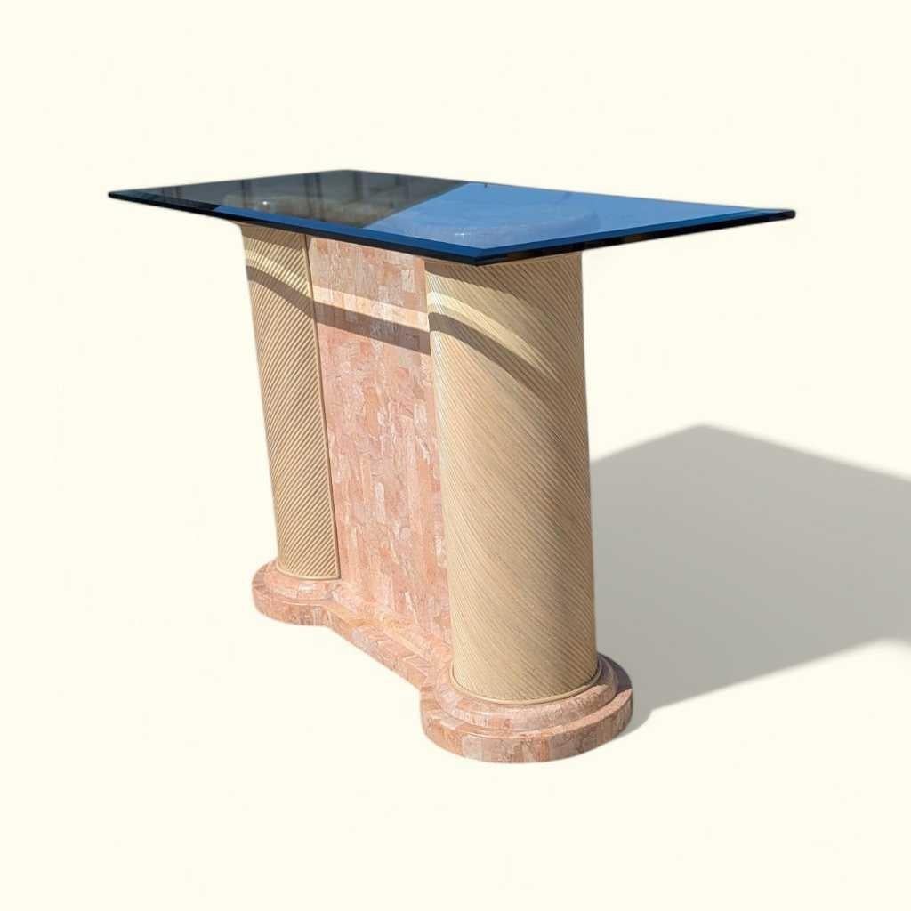 Postmoderner Konsolentisch, Säulen aus Marmor und Rattan, Glas, USA, 1980er Jahre im Angebot 8