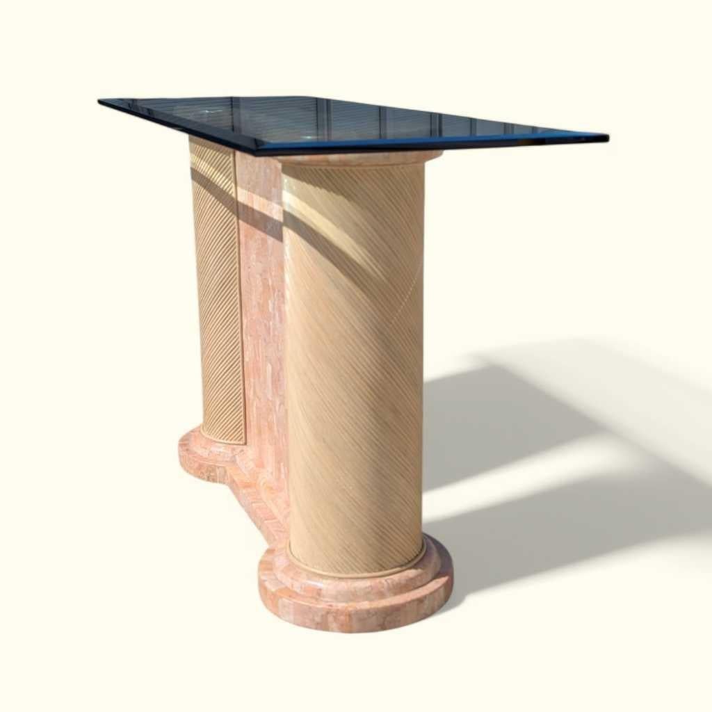 Postmoderner Konsolentisch, Säulen aus Marmor und Rattan, Glas, USA, 1980er Jahre im Angebot 12