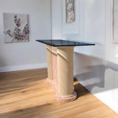 Postmodern Console Table, Tesselated Marble & Rattan Columns, Glass, USA, 1980s