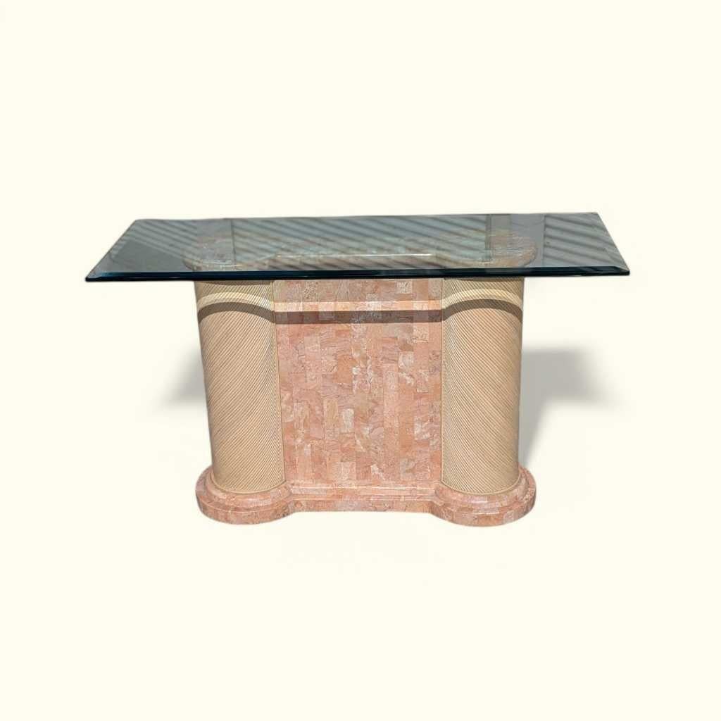 Postmoderner Konsolentisch, Säulen aus Marmor und Rattan, Glas, USA, 1980er Jahre im Angebot 15