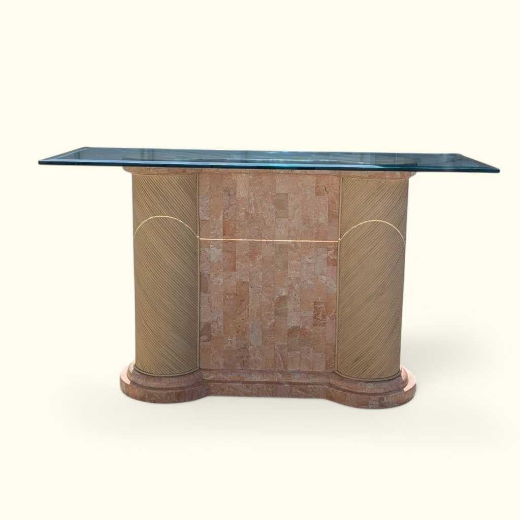 Postmoderner Konsolentisch, Säulen aus Marmor und Rattan, Glas, USA, 1980er Jahre im Angebot 3