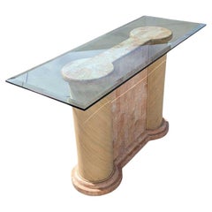 Postmodern Console Table, Tesselated Marble & Rattan Columns, Glass, USA, 1980s