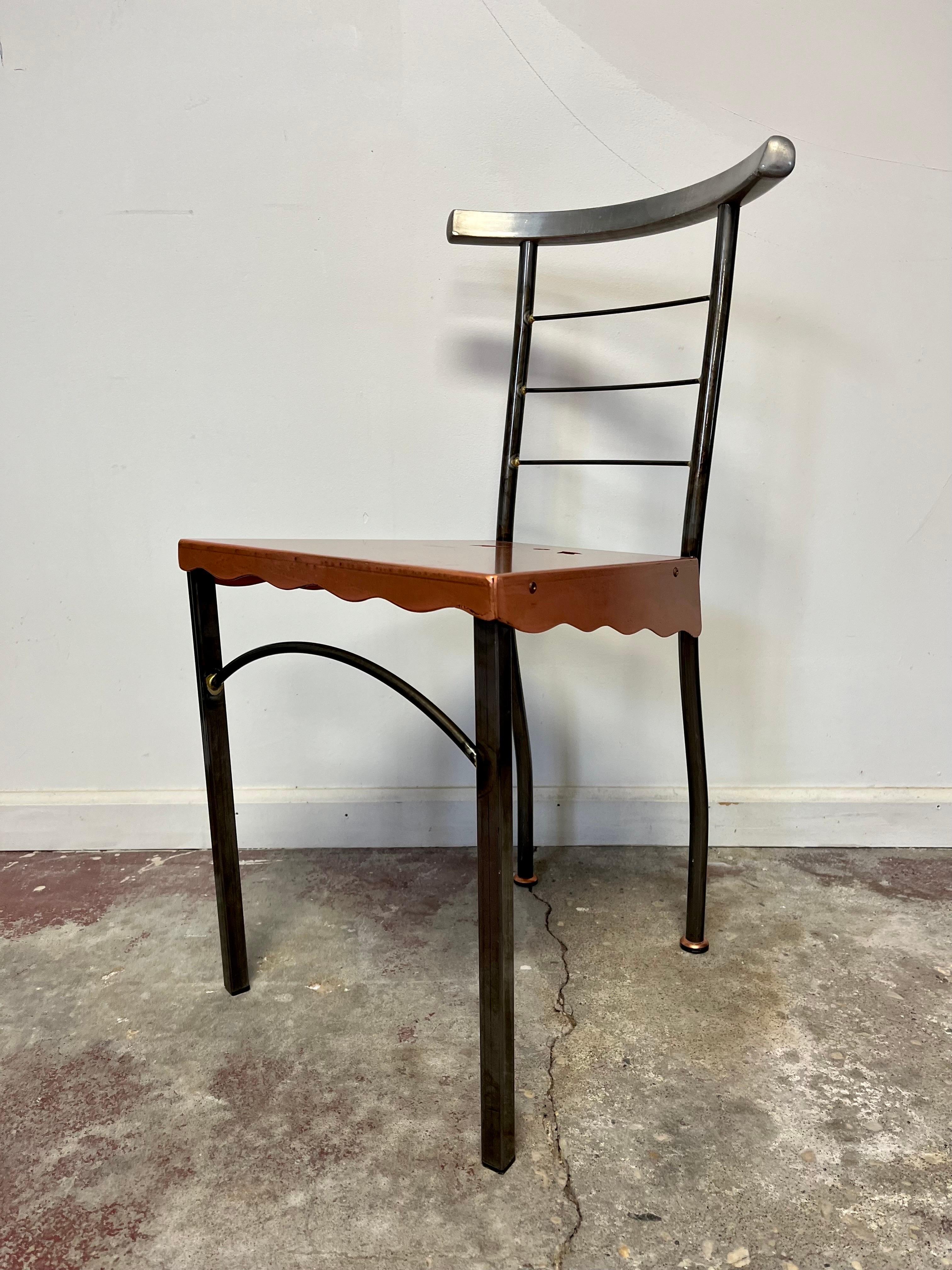 Great mixed metal side chair from Bloomingdale's. Whimsical design with draped seat which has leaf cutouts. Steel frame topped with curved aluminum back. Copper soldering along back rungs. So unique.
Curbside delivery to NYC/Philly $300