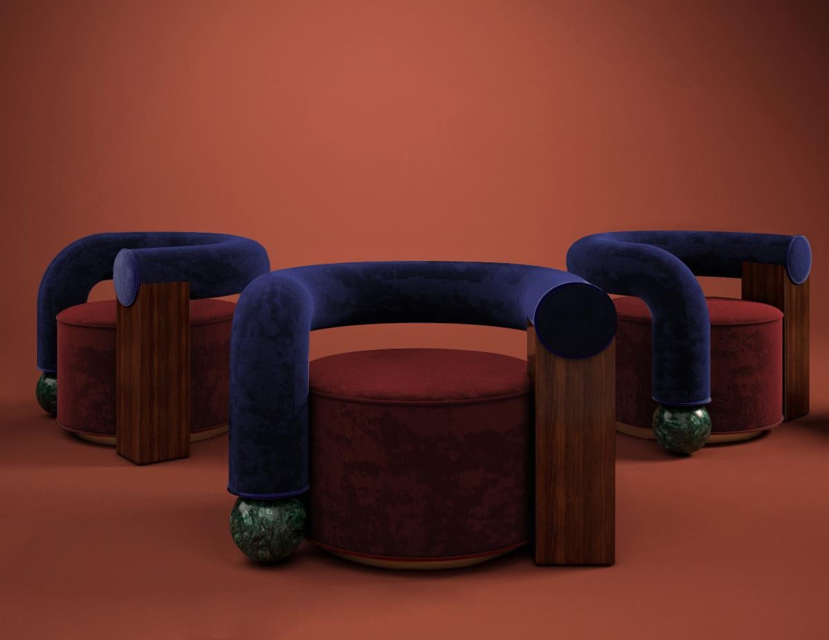 Portuguese Postmodern Cotton Velvet Galatea Armchair Walnut Wood and Marble For Sale