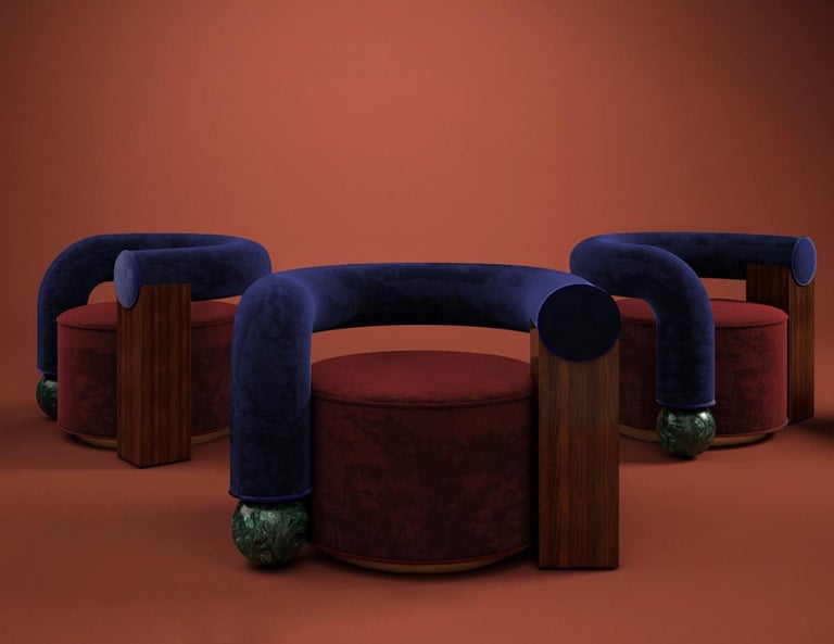 Contemporary Postmodern Cotton Velvet Galatea Armchair Walnut Wood and Marble For Sale