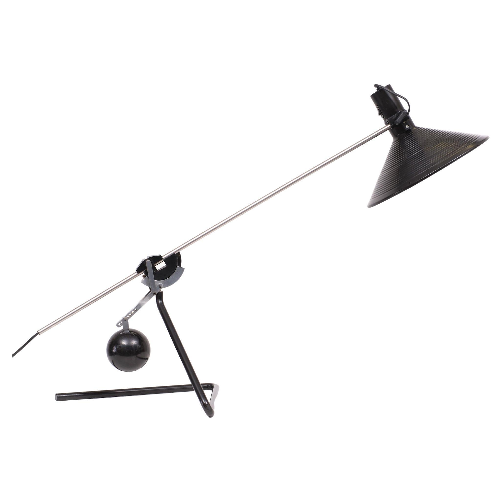 Stunning large Post Modern Desk lamp. Counter Weight using a solid Steel ball 
to move in every direction. Nice architectural design. Switch on the shade.
one large E27 bulb needed. Rare piece. Attributed to Albert Sonneman USA.