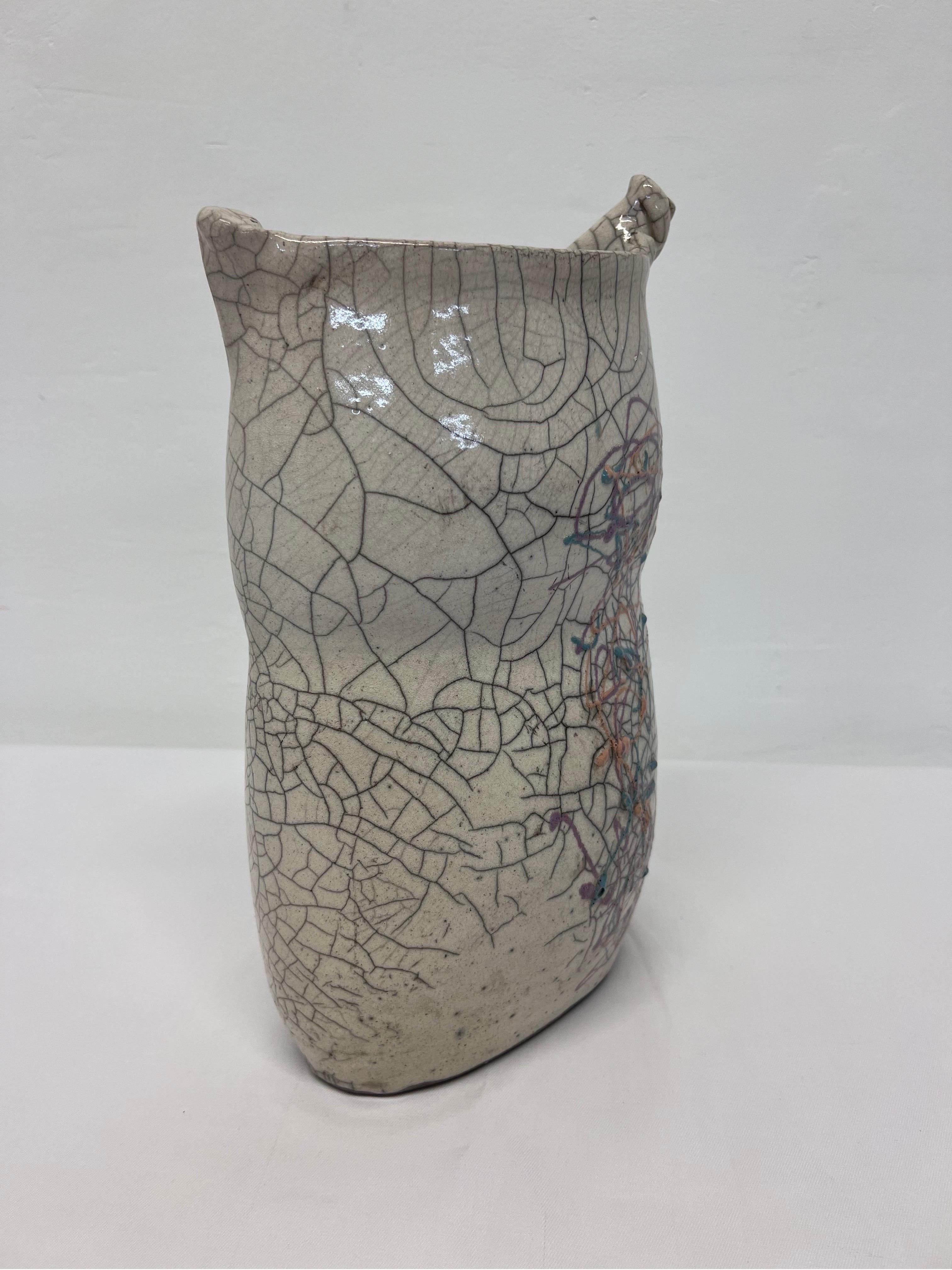 20th Century Postmodern Crackled Glaze Studio Pottery Vase with Colorful Design, 1980s For Sale