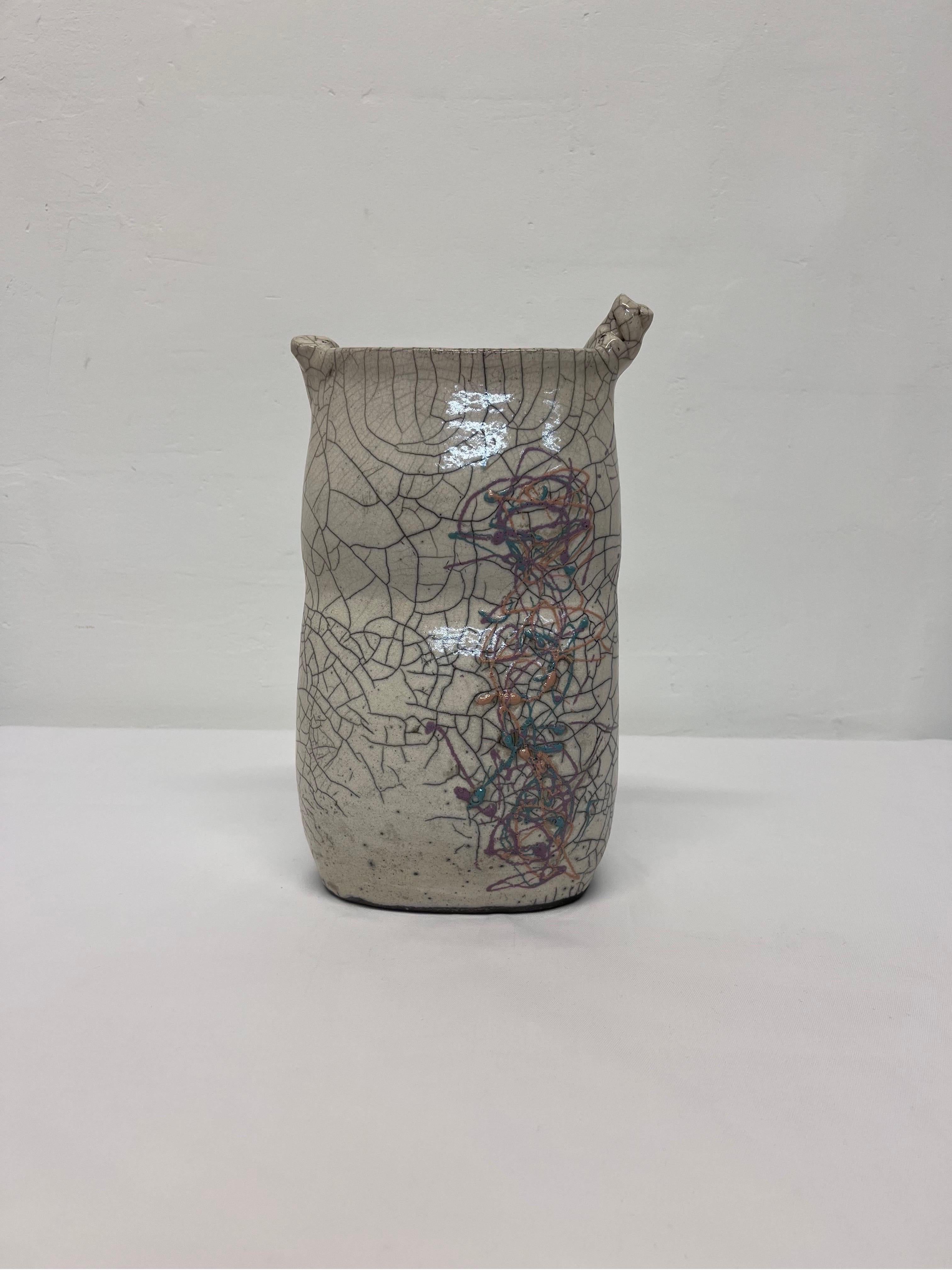 Clay Postmodern Crackled Glaze Studio Pottery Vase with Colorful Design, 1980s For Sale