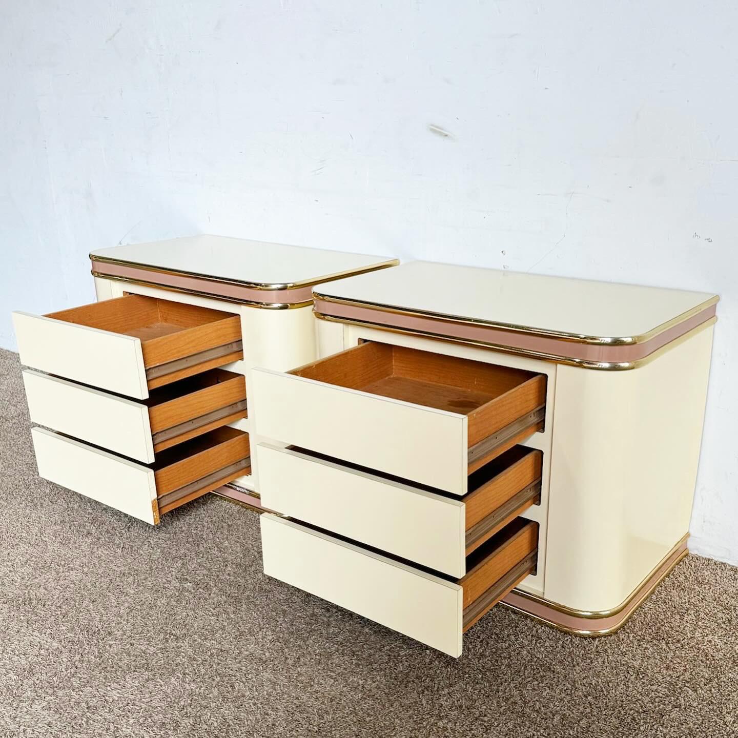 Post-Modern Postmodern Cream and Pink Lacquer Laminate Nightstands With Good Trim For Sale