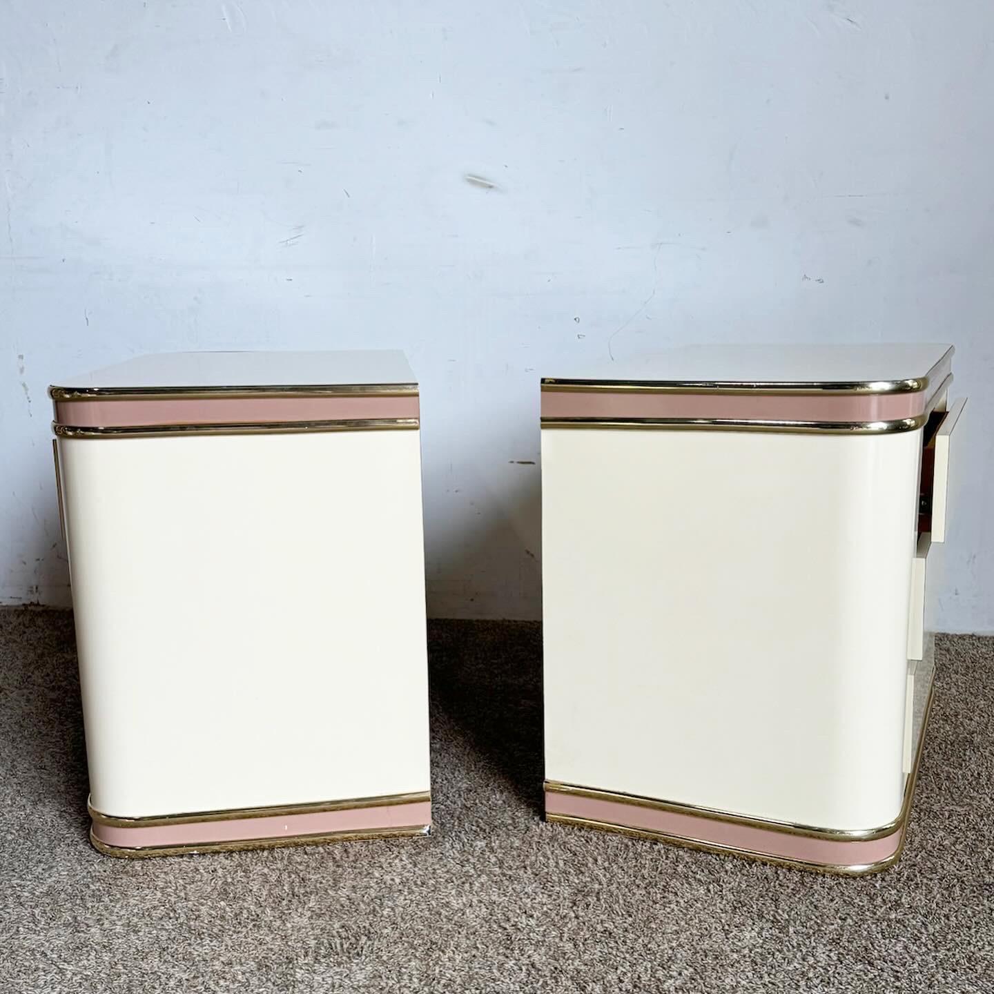 American Postmodern Cream and Pink Lacquer Laminate Nightstands With Good Trim For Sale