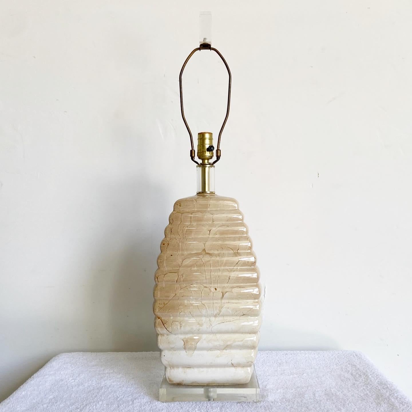 American Postmodern Cream and Tan Ceramic and Lucite Table Lamp For Sale