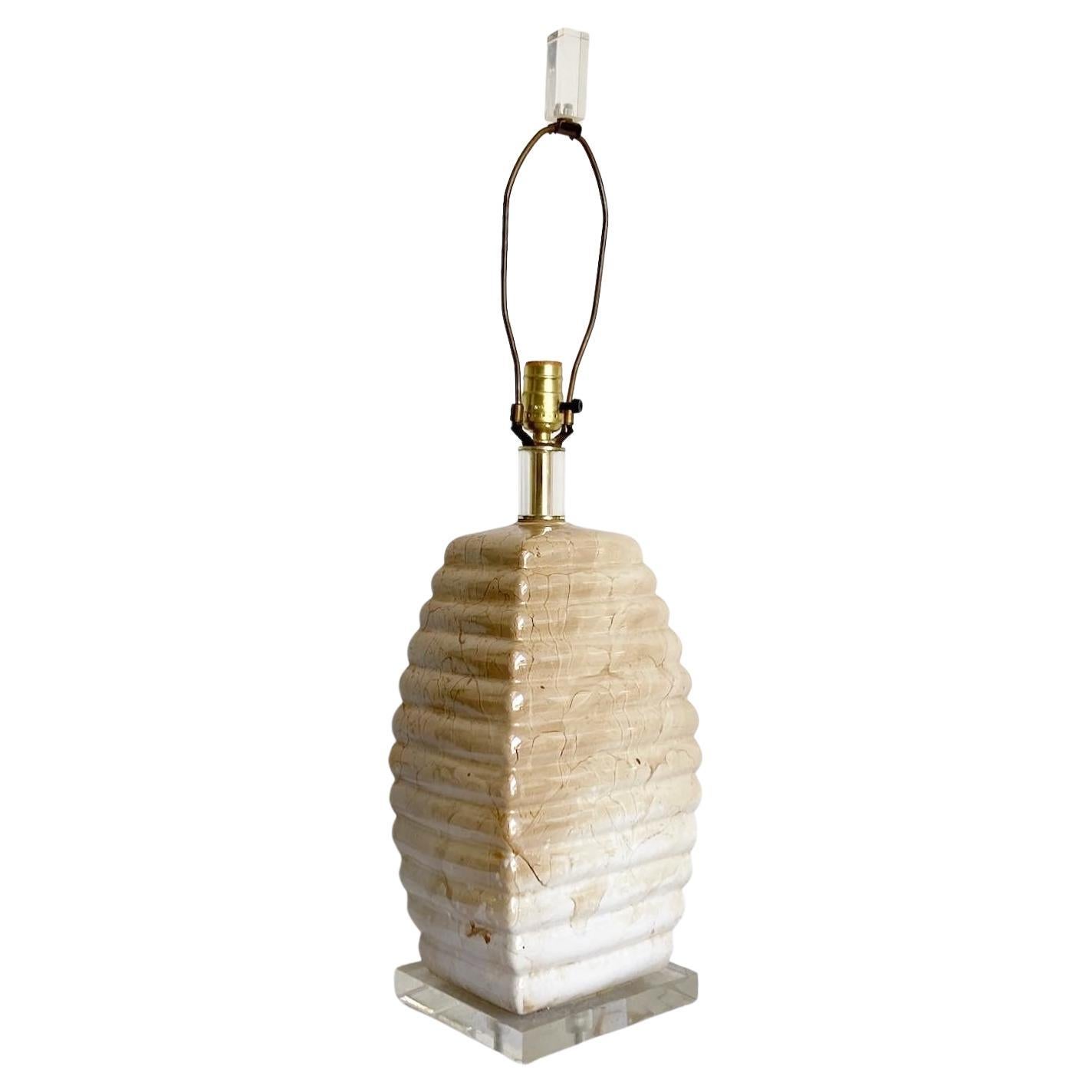 Postmodern Cream and Tan Ceramic and Lucite Table Lamp For Sale