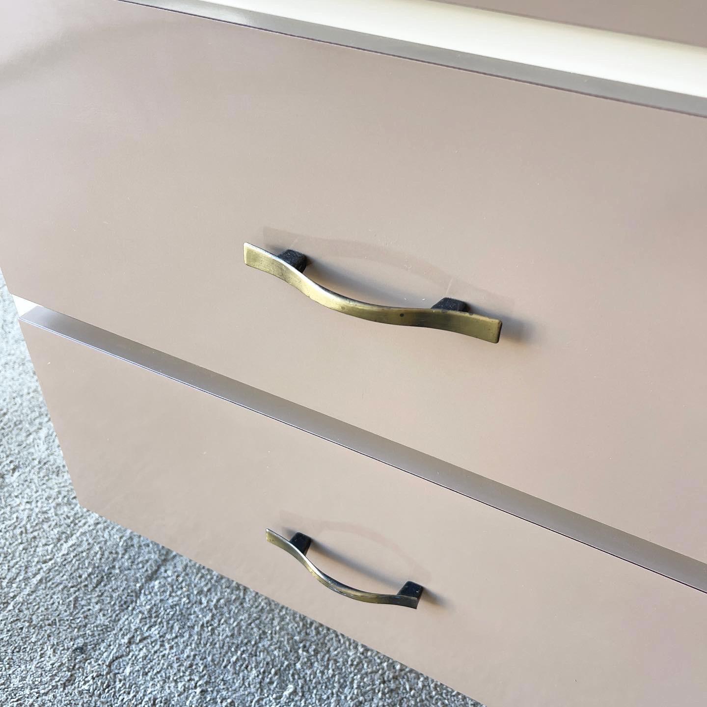 American Postmodern Cream and Taupe Lacquer Laminate Lowboy Dresser, 1980s