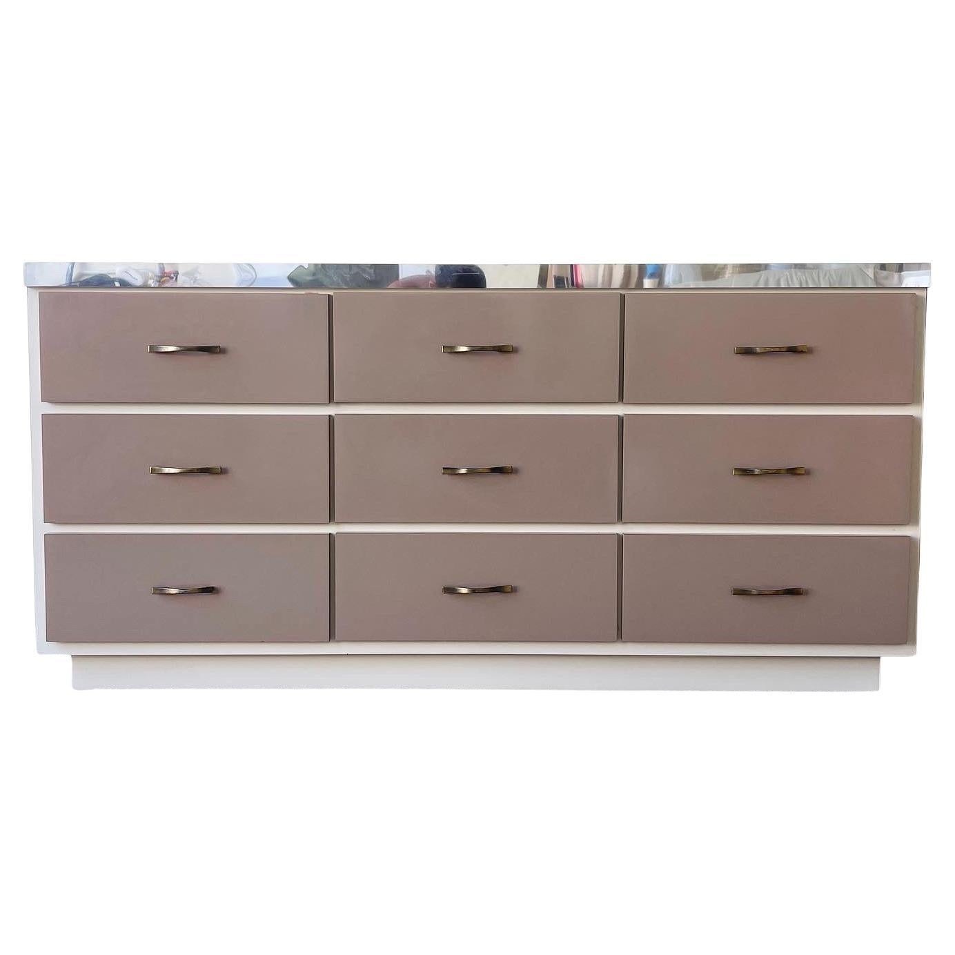 Postmodern Cream and Taupe Lacquer Laminate Lowboy Dresser, 1980s