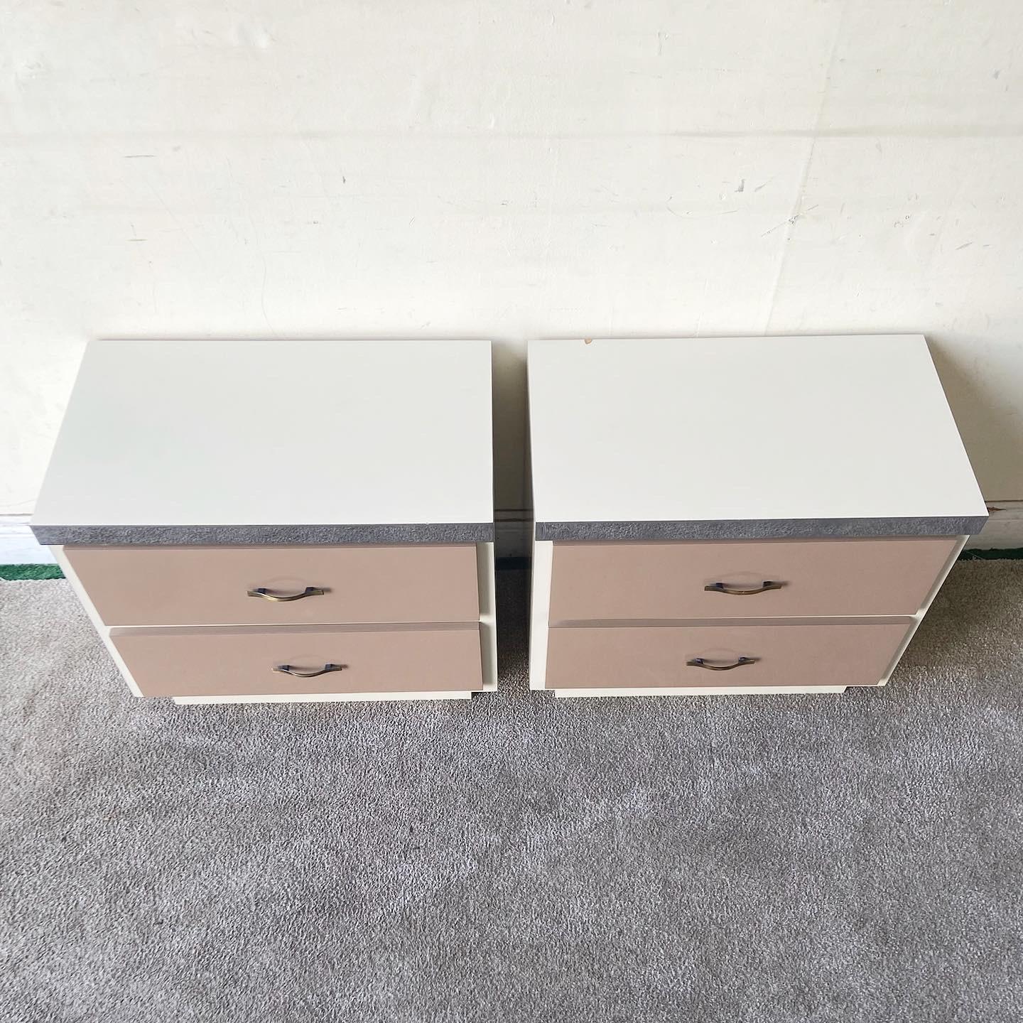 Post-Modern Postmodern Cream and Taupe Lacquer Laminate Nightstands - a Pair For Sale