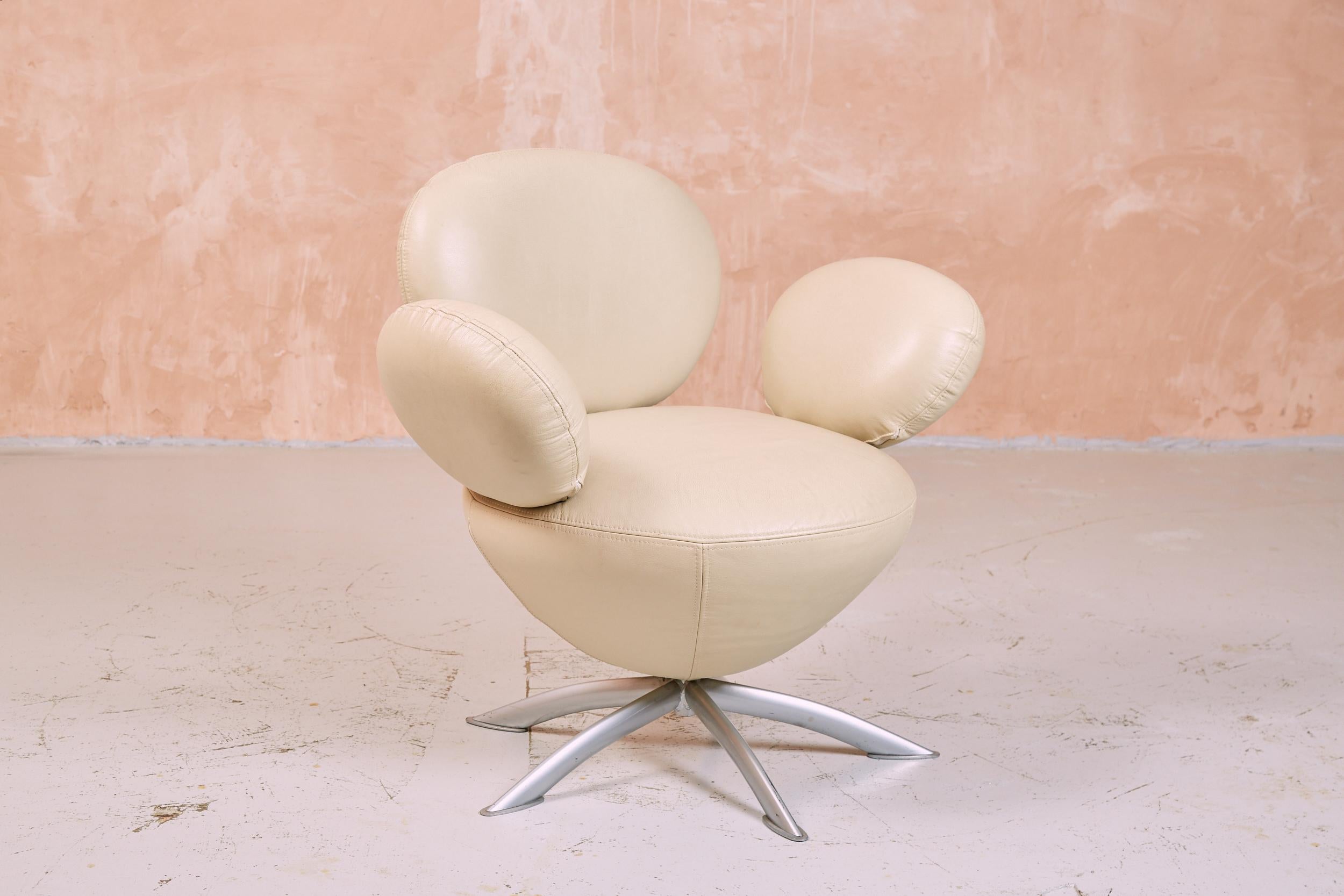 Faux Leather Postmodern Cream Balloon Lounge Swivel Chair, 1990s For Sale