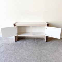 Postmodern Cream & Brown Lacquer Laminate Credenza with Lucite Knobs