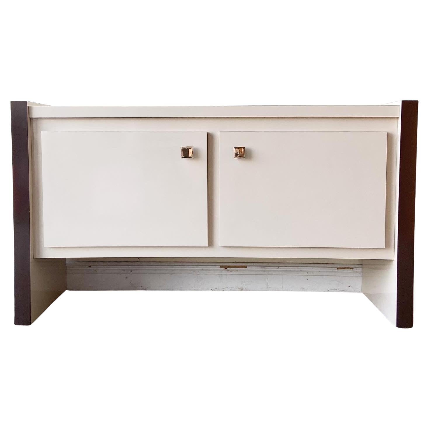 Postmodern Cream & Brown Lacquer Laminate Credenza with Lucite Knobs For Sale
