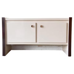 Vintage Postmodern Cream & Brown Lacquer Laminate Credenza with Lucite Knobs