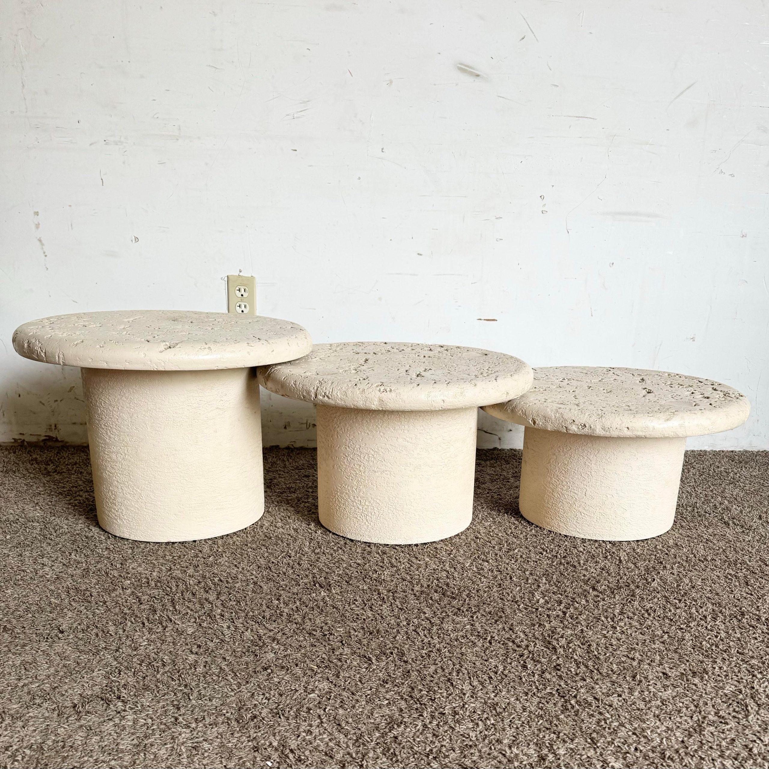 Wood Postmodern Cream Faux Coral Circular Mushroom Nesting Tables - Set of 3 For Sale