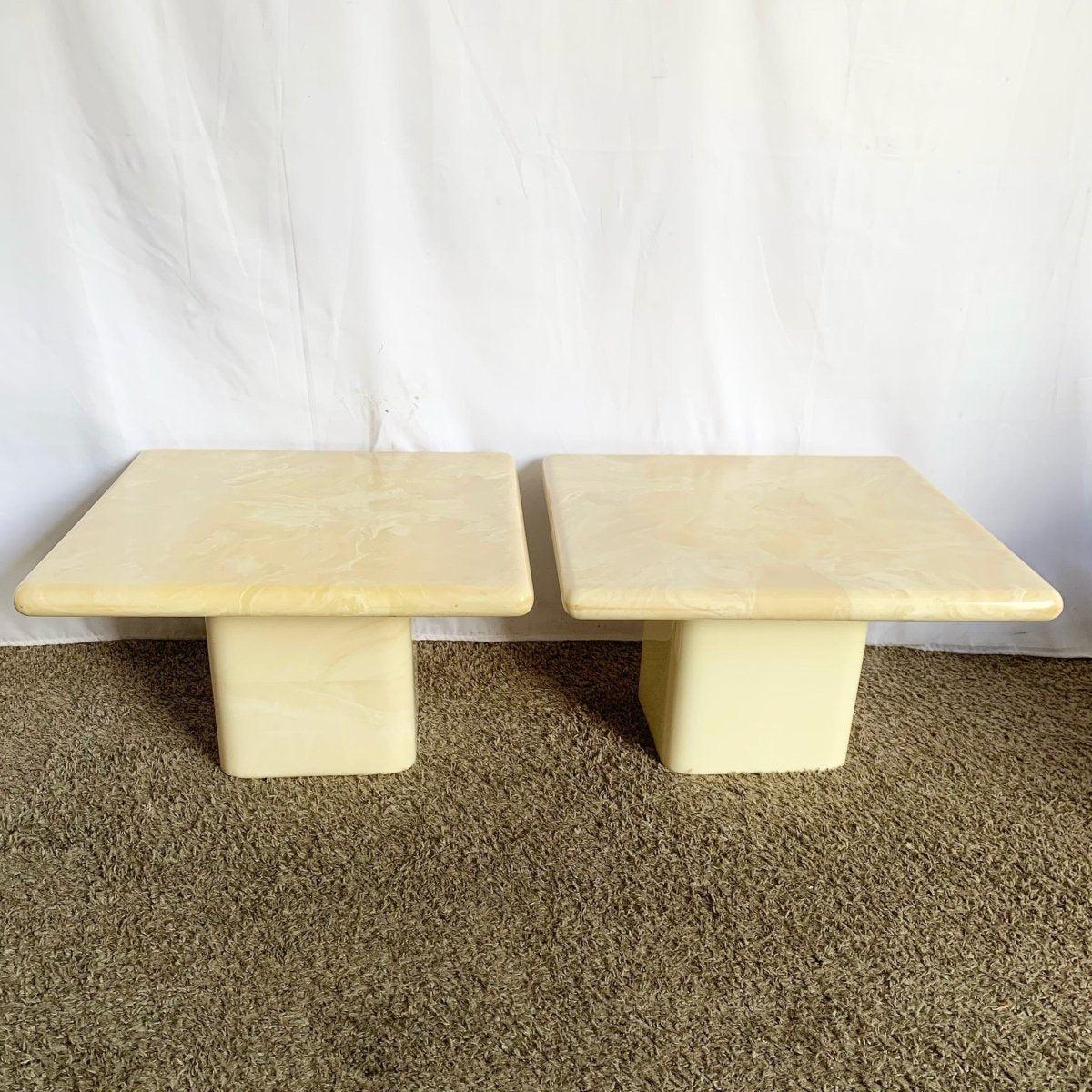 American Postmodern Cream Faux Marble Square Top Side Tables - A Pair For Sale