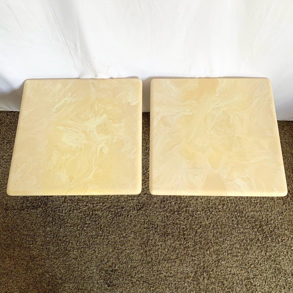 Ceramic Postmodern Cream Faux Marble Square Top Side Tables - A Pair For Sale