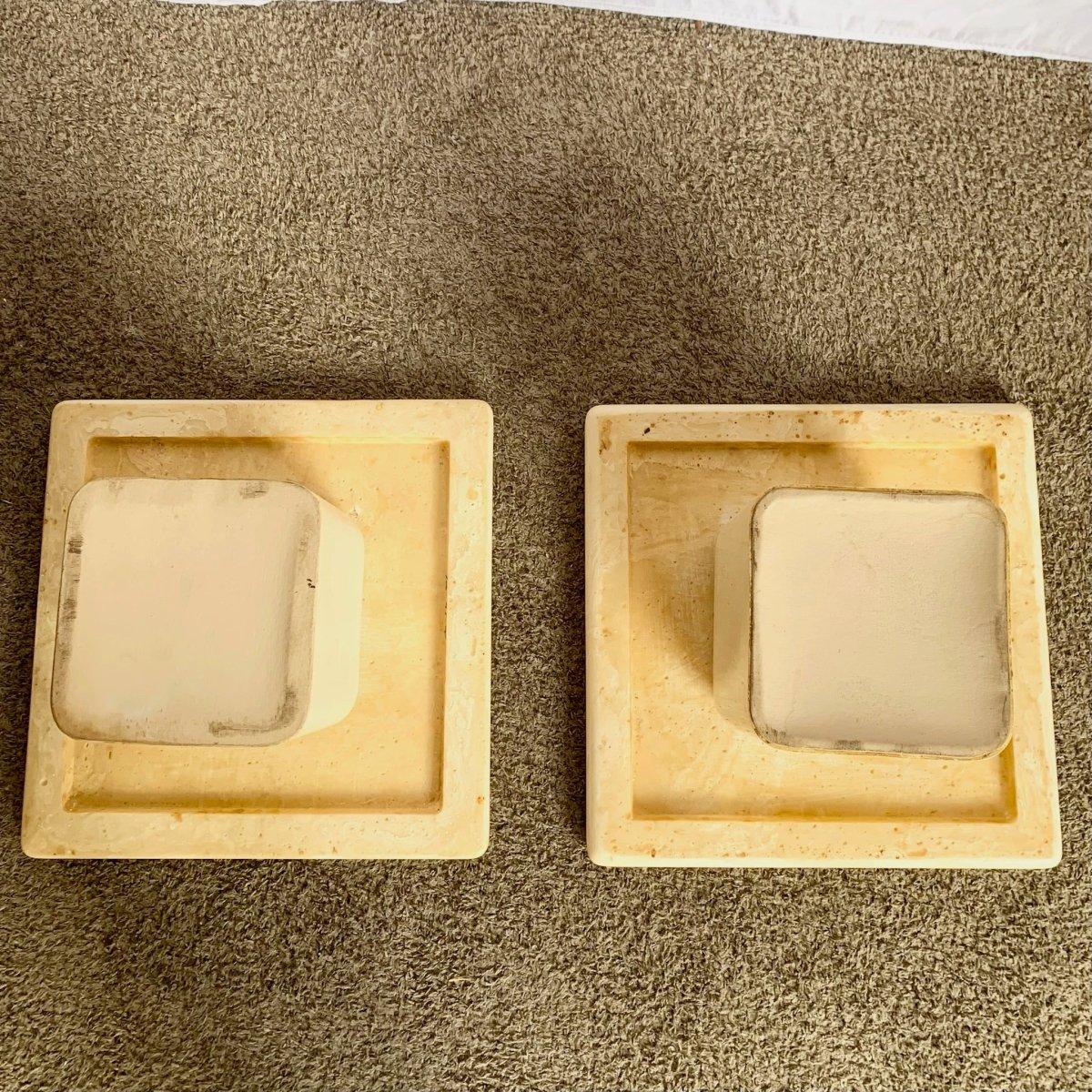 Postmodern Cream Faux Marble Square Top Side Tables - A Pair For Sale 1
