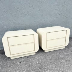 Postmodern Cream Gloss Laminate Waterfall Nightstands - A Pair