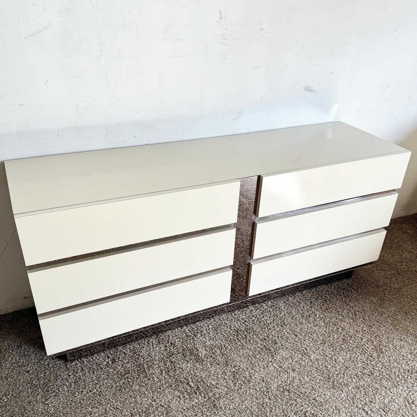Wood Postmodern Cream Lacquer Laminate and Glass Mirror Dresser - 6 Drawers For Sale