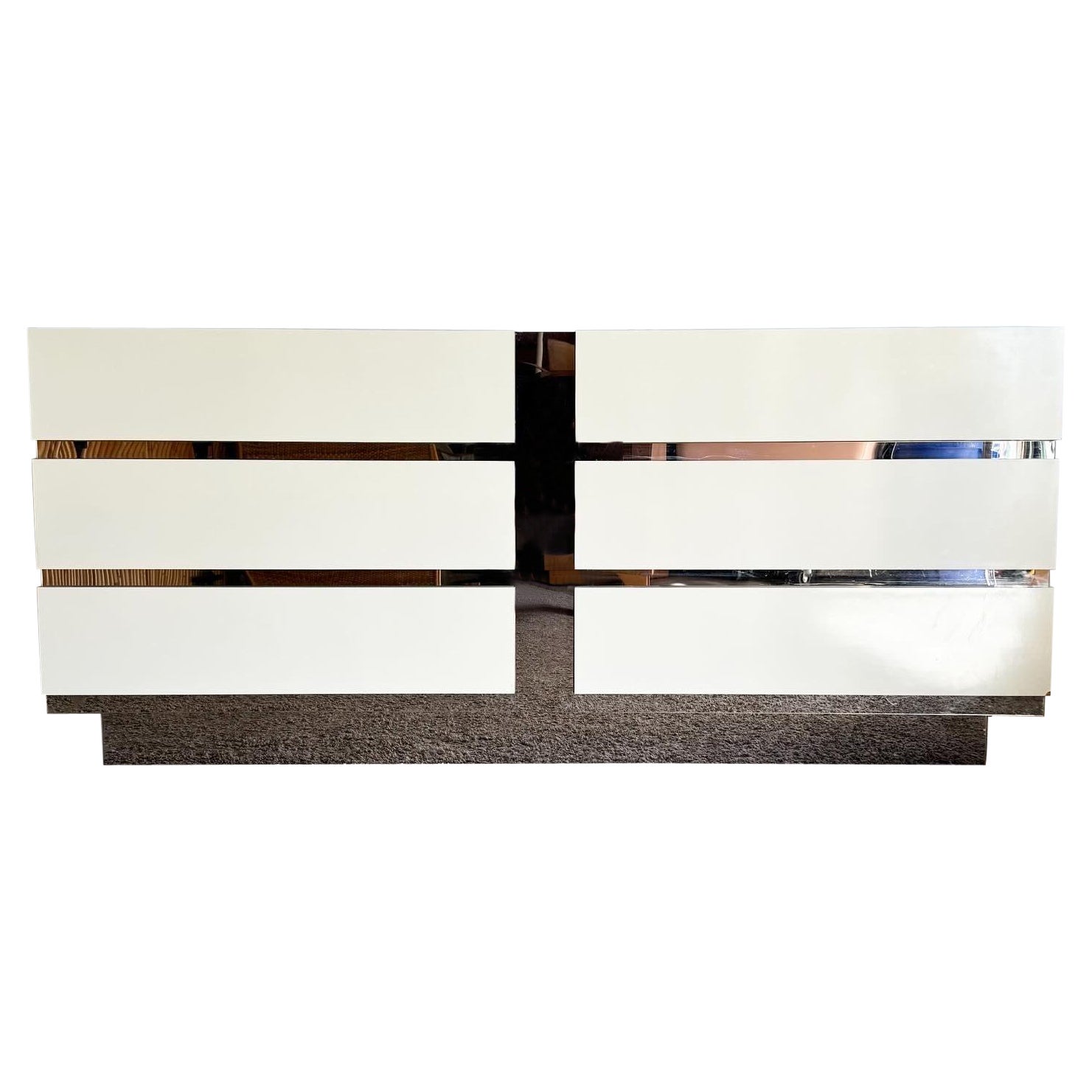 Postmodern Cream Lacquer Laminate and Glass Mirror Dresser - 6 Drawers