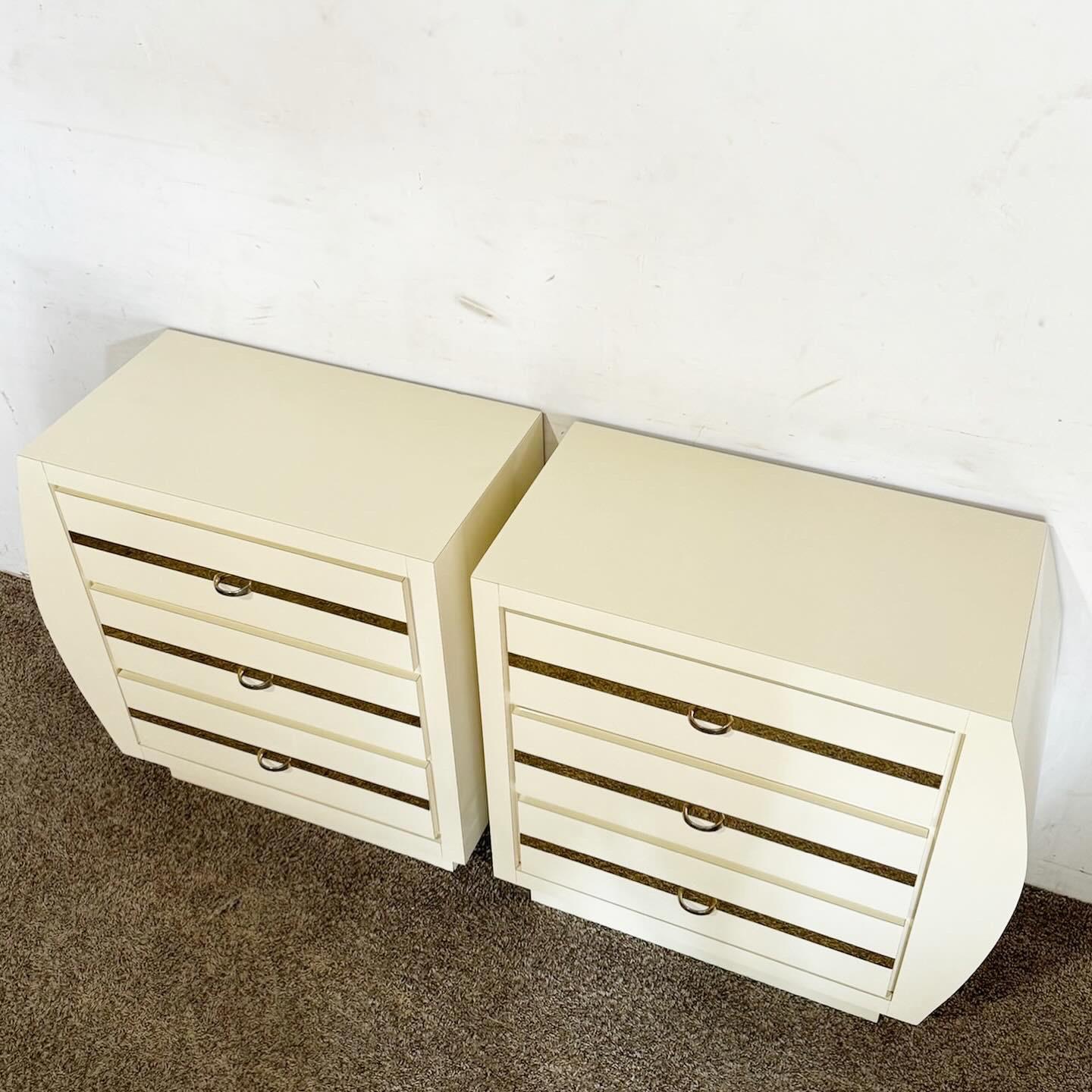 Post-Modern Postmodern Cream Lacquer Laminate Nightstands With Gold Accents- a Pair For Sale