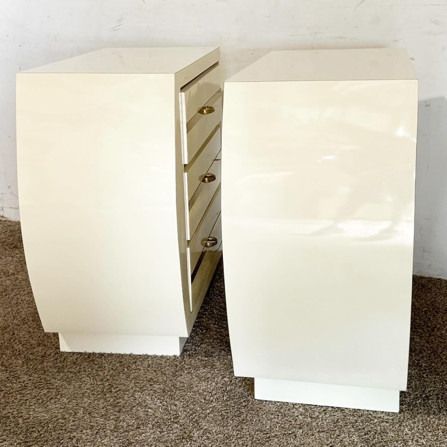 Postmodern Cream Lacquer Laminate Nightstands With Gold Accents- a Pair In Good Condition For Sale In Delray Beach, FL