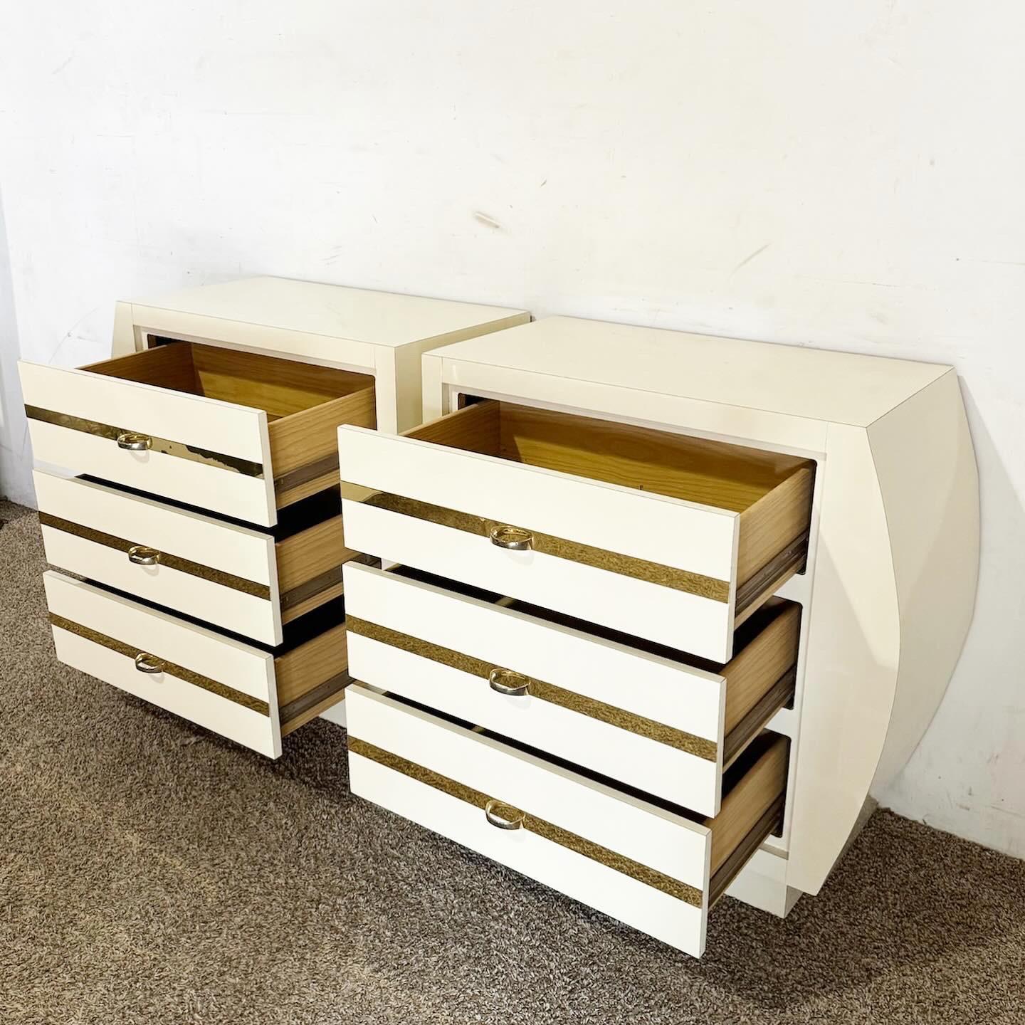 20th Century Postmodern Cream Lacquer Laminate Nightstands With Gold Accents- a Pair For Sale