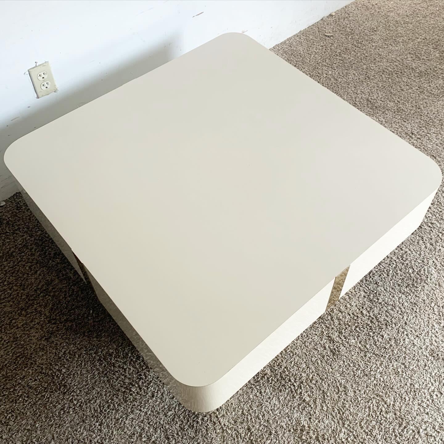 Post-Modern Postmodern Cream Lacquer Laminate Square Top Coffee Table With Gold Accents For Sale