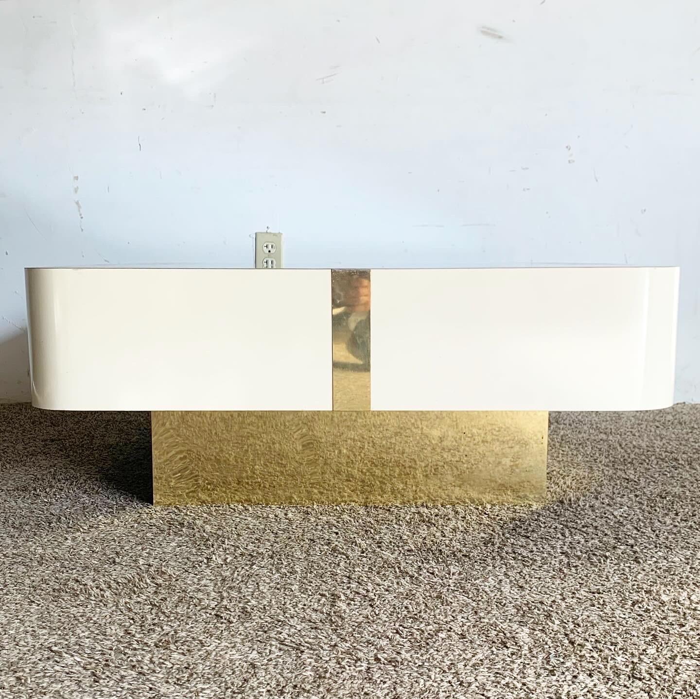 American Postmodern Cream Lacquer Laminate Square Top Coffee Table With Gold Accents For Sale